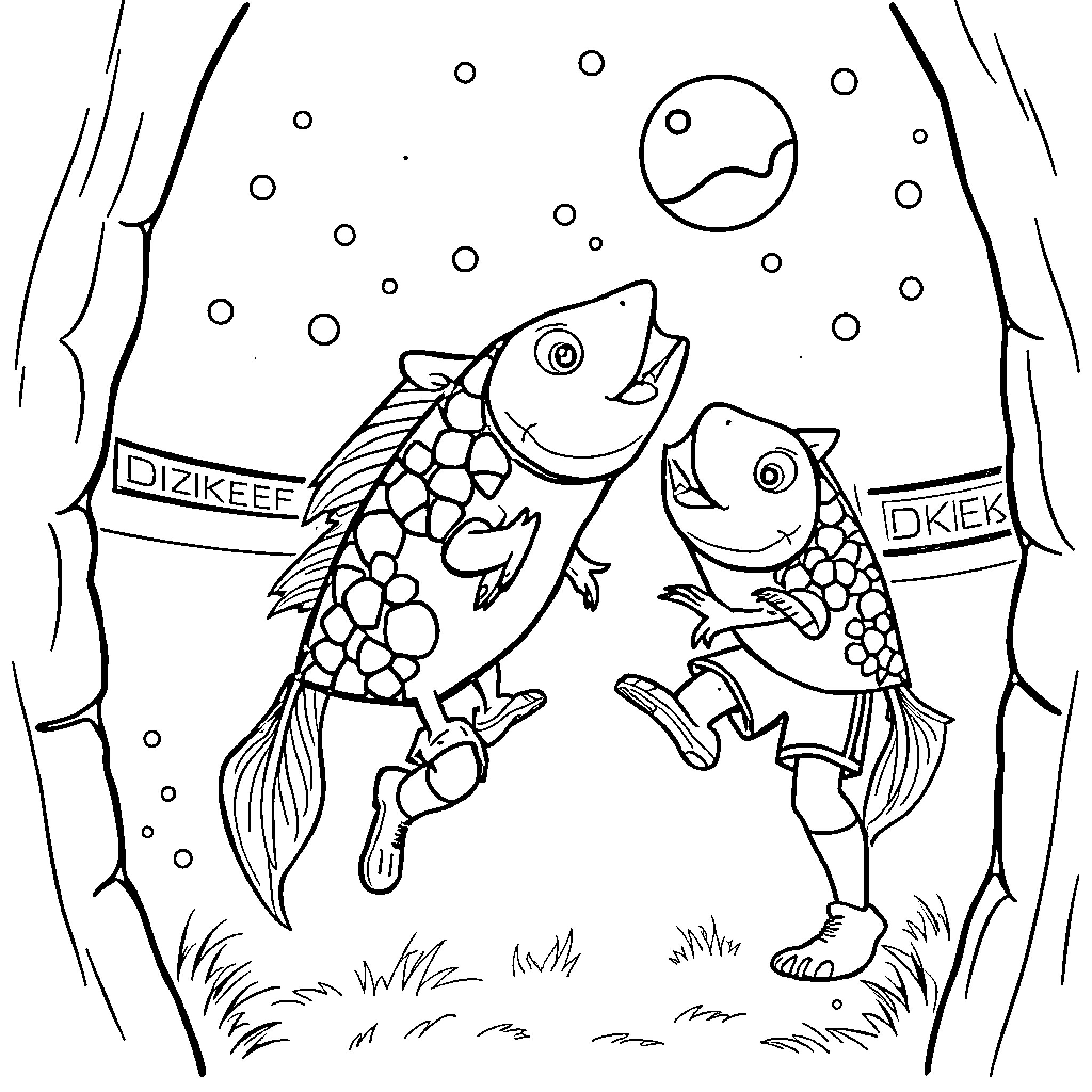 Volleyball scene with playful fish characters Coloring Page (free black-and-white line drawing printable PDF for all, from beginners to advanced learners, including children, teens, adults, and seniors)