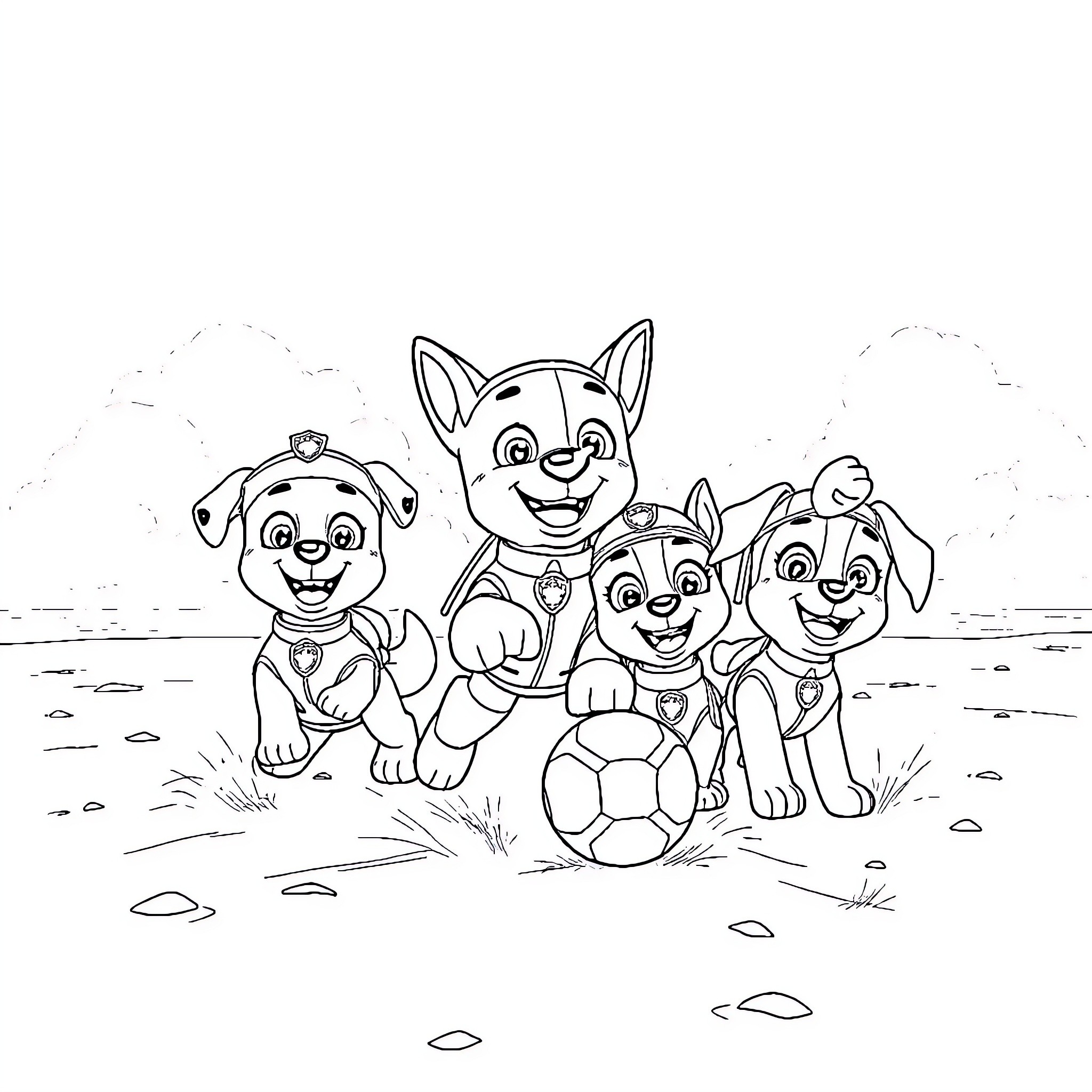 Paw Patrol characters playing with soccer ball Coloring Page (free black-and-white line drawing printable PDF for all, from beginners to advanced learners, including children, teens, adults, and seniors)