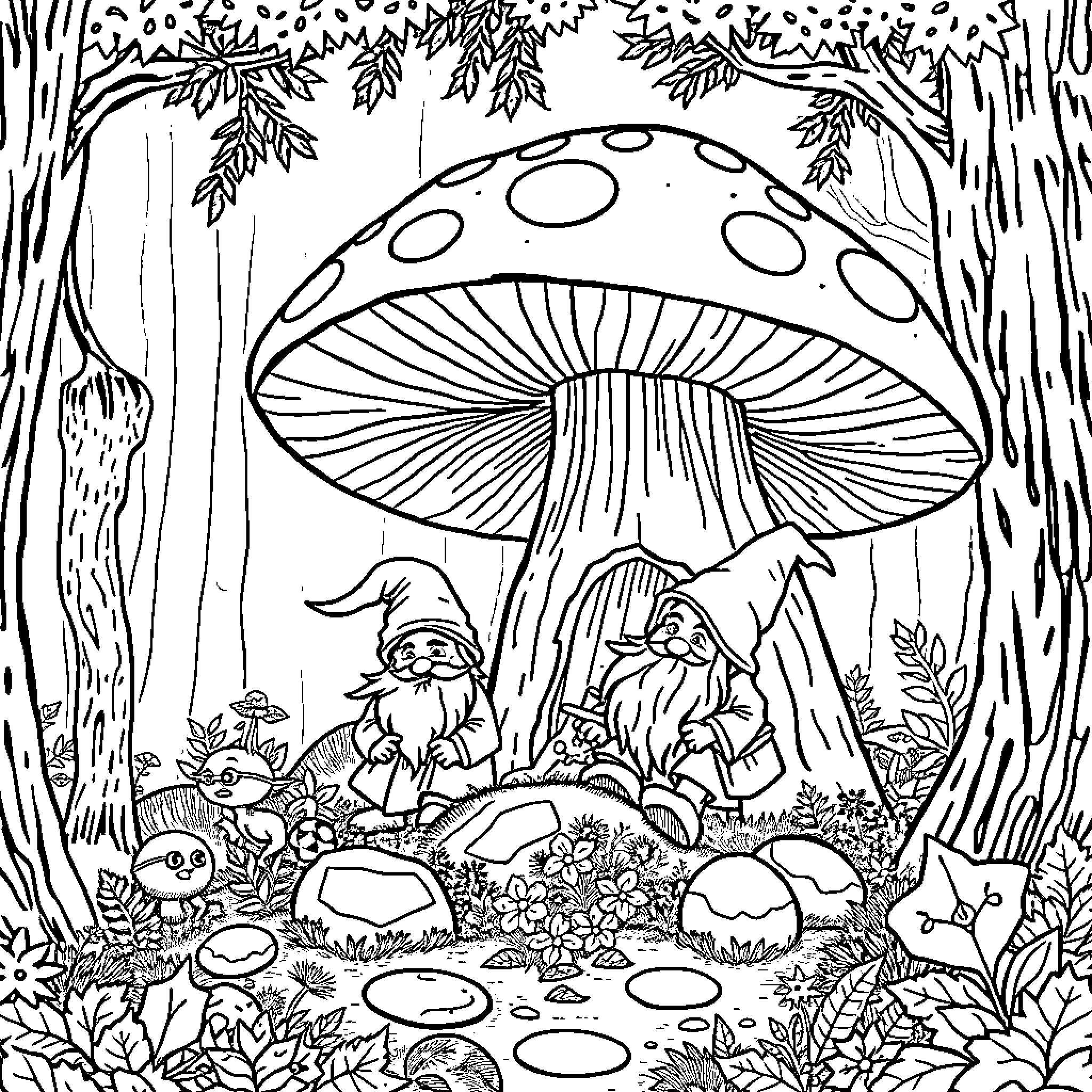 Dwarf Gnomes Exploring Magical Mushroom Forest Coloring Page (free black-and-white line drawing printable PDF for all, from beginners to advanced learners, including children, teens, adults, and seniors)