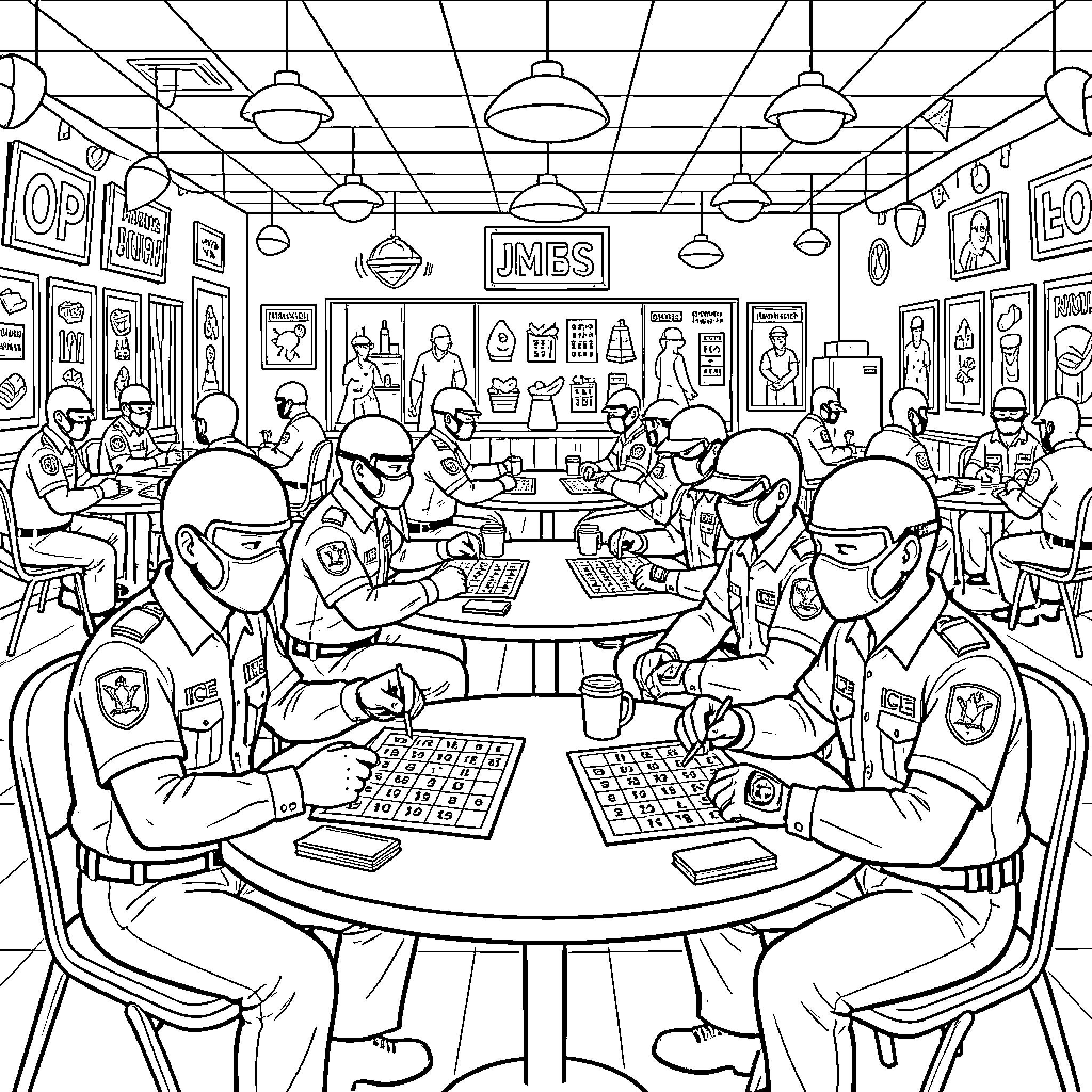 Ice Agent Operatives Coordinate at Command Center Coloring Page (free black-and-white line drawing printable PDF for all, from beginners to advanced learners, including children, teens, adults, and seniors)