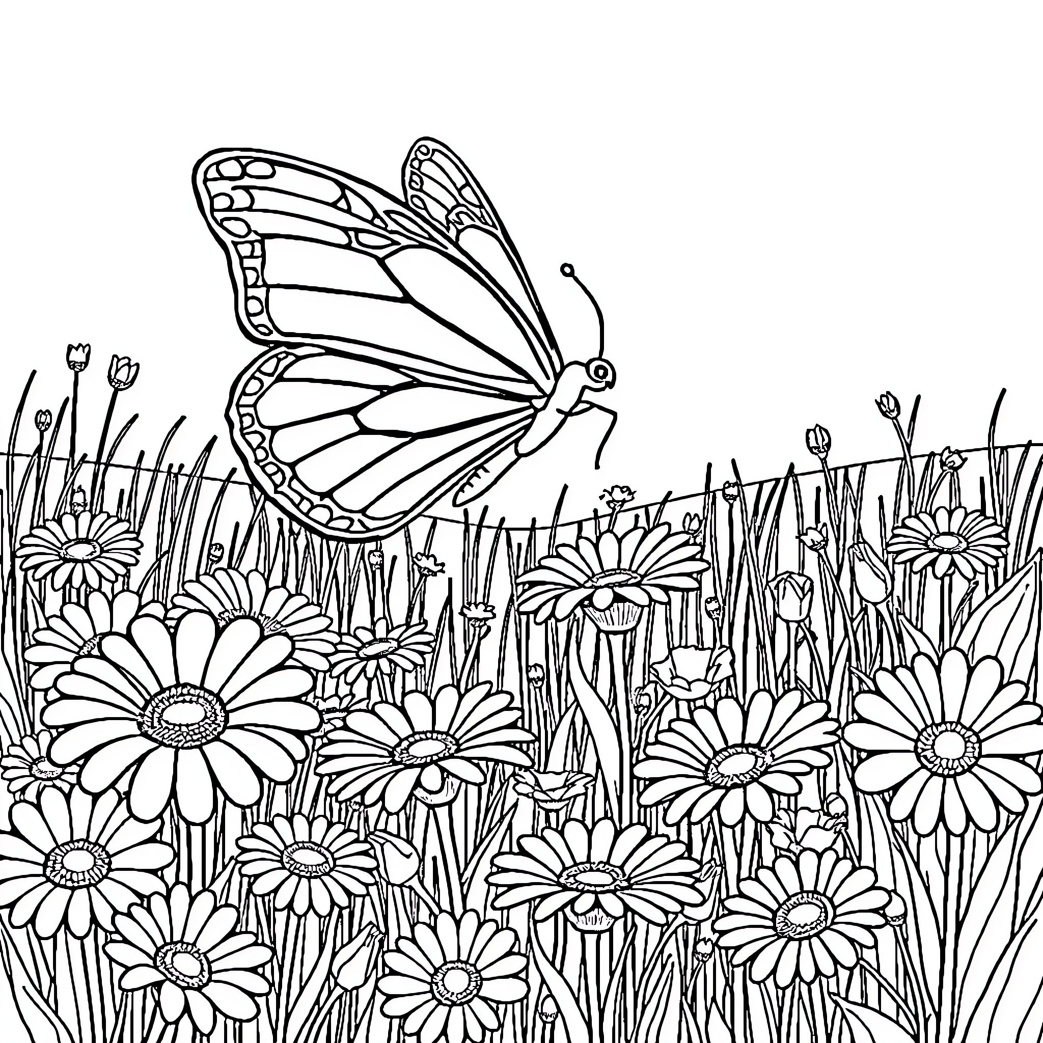 Butterfly dancing among colorful flowers Coloring Page (free black-and-white line drawing printable PDF for all, from beginners to advanced learners, including children, teens, adults, and seniors)