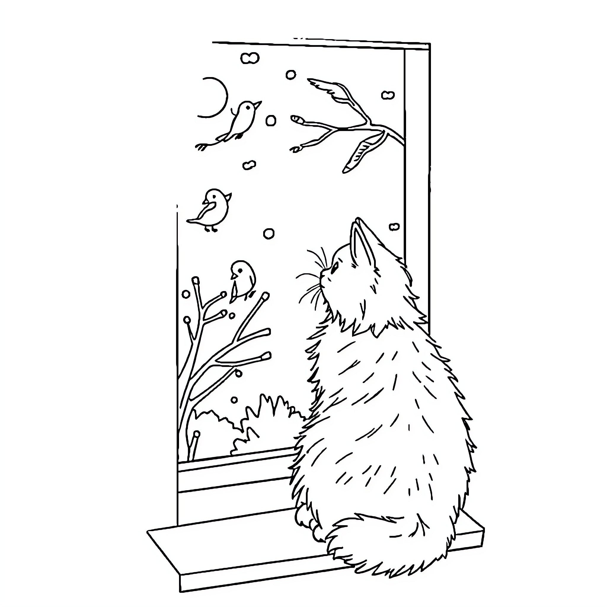 Cat in Snowy Wonderland Watching Birds Coloring Page (free black-and-white line drawing printable PDF for all, from beginners to advanced learners, including children, teens, adults, and seniors)