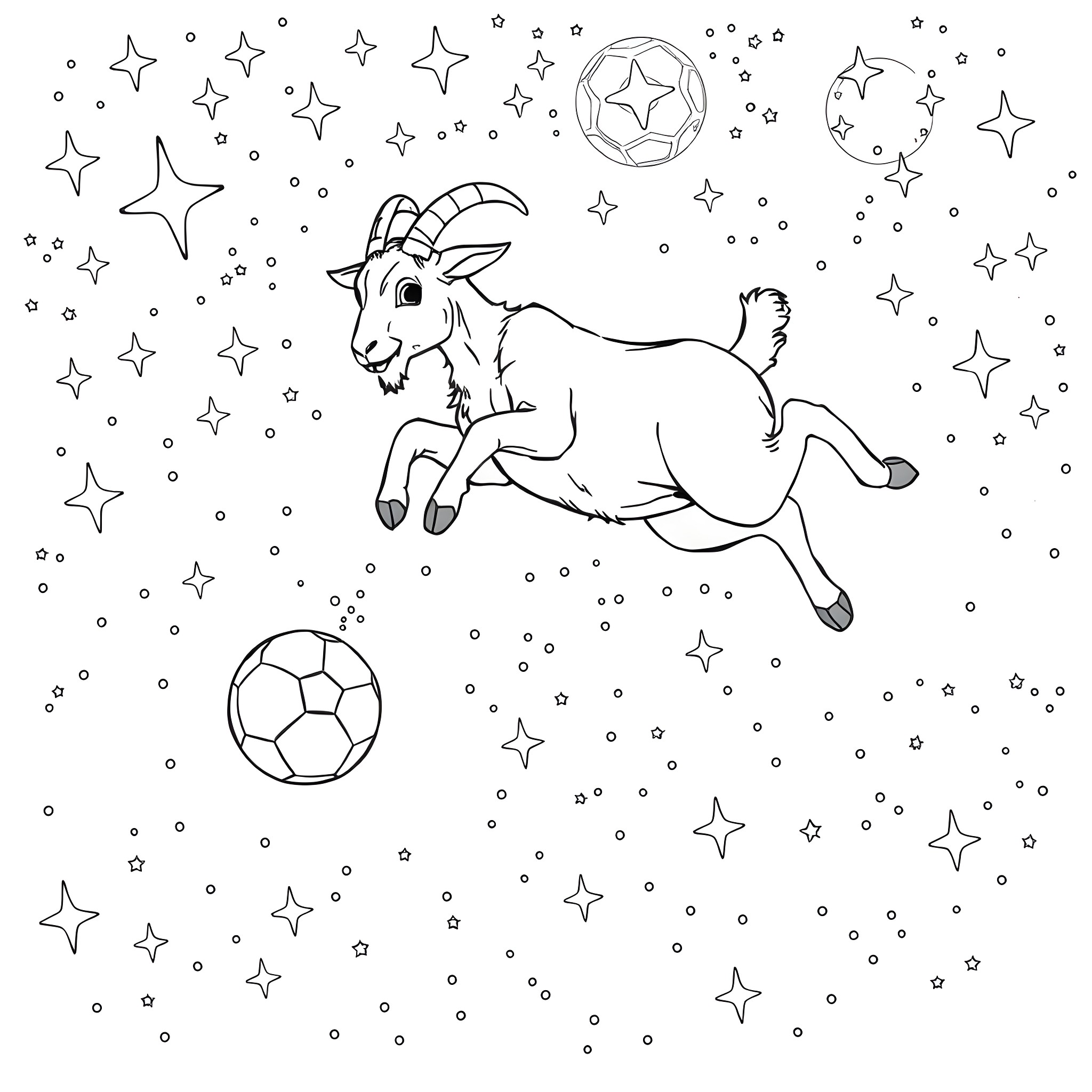 Goat playing with soccer ball among the stars Coloring Page (free black-and-white line drawing printable PDF for all, from beginners to advanced learners, including children, teens, adults, and seniors)
