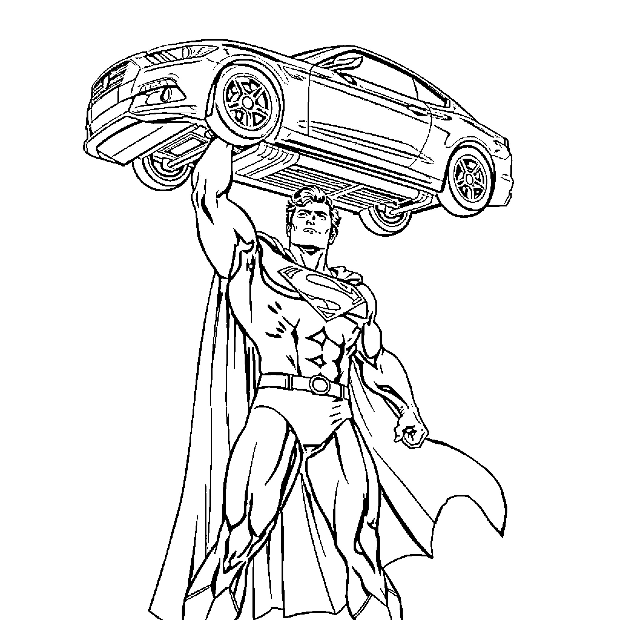 Superman lifting a car in heroic pose Coloring Page (free black-and-white line drawing printable PDF for all, from beginners to advanced learners, including children, teens, adults, and seniors)