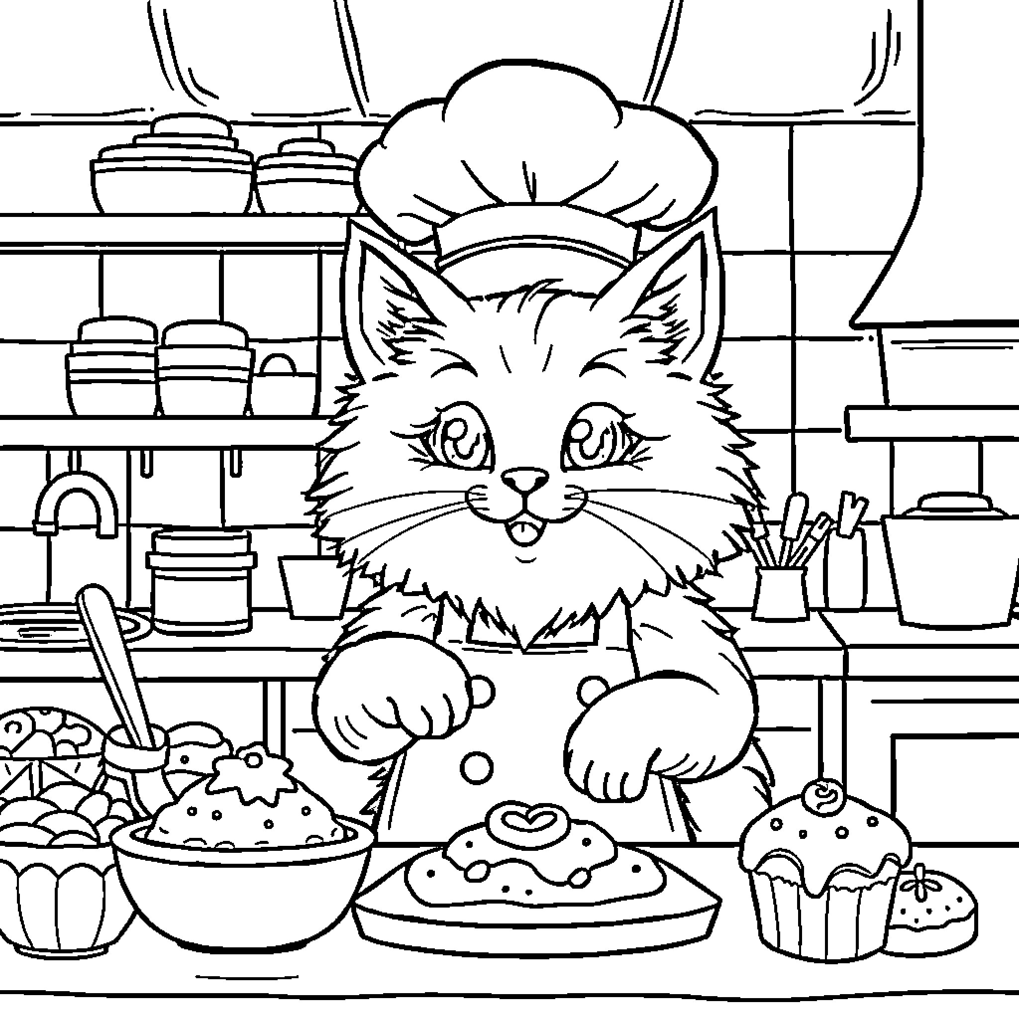 Cat chef baking delicious treats in the kitchen Coloring Page (free black-and-white line drawing printable PDF for all, from beginners to advanced learners, including children, teens, adults, and seniors)