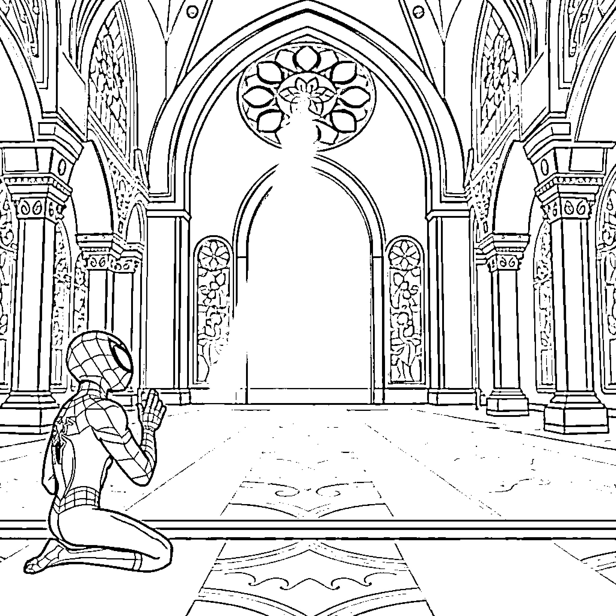 Spider-Man explores a grand cathedral interior Coloring Page (free black-and-white line drawing printable PDF for all, from beginners to advanced learners, including children, teens, adults, and seniors)