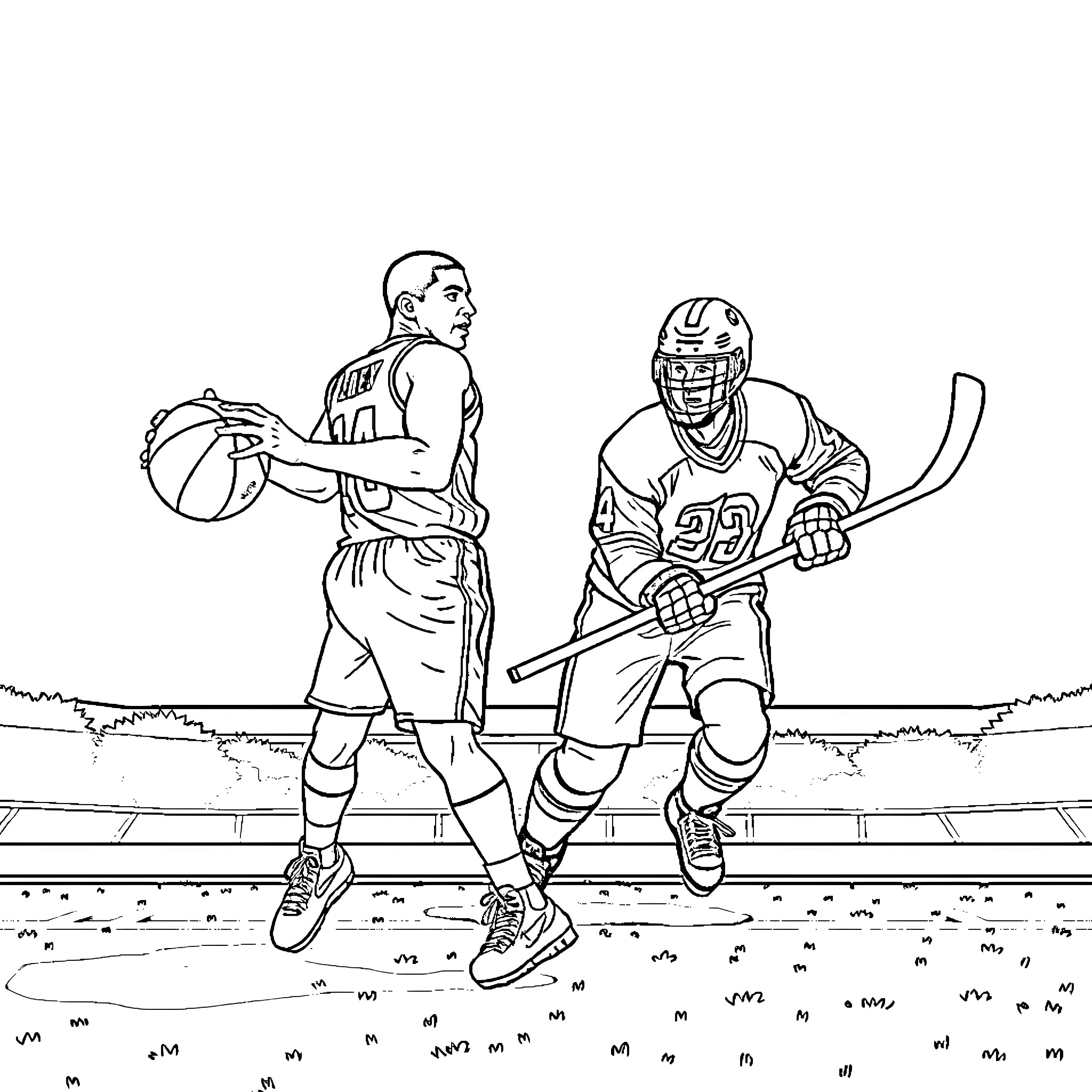 Athlete playing basketball and hockey on the field Coloring Page (free black-and-white line drawing printable PDF for all, from beginners to advanced learners, including children, teens, adults, and seniors)