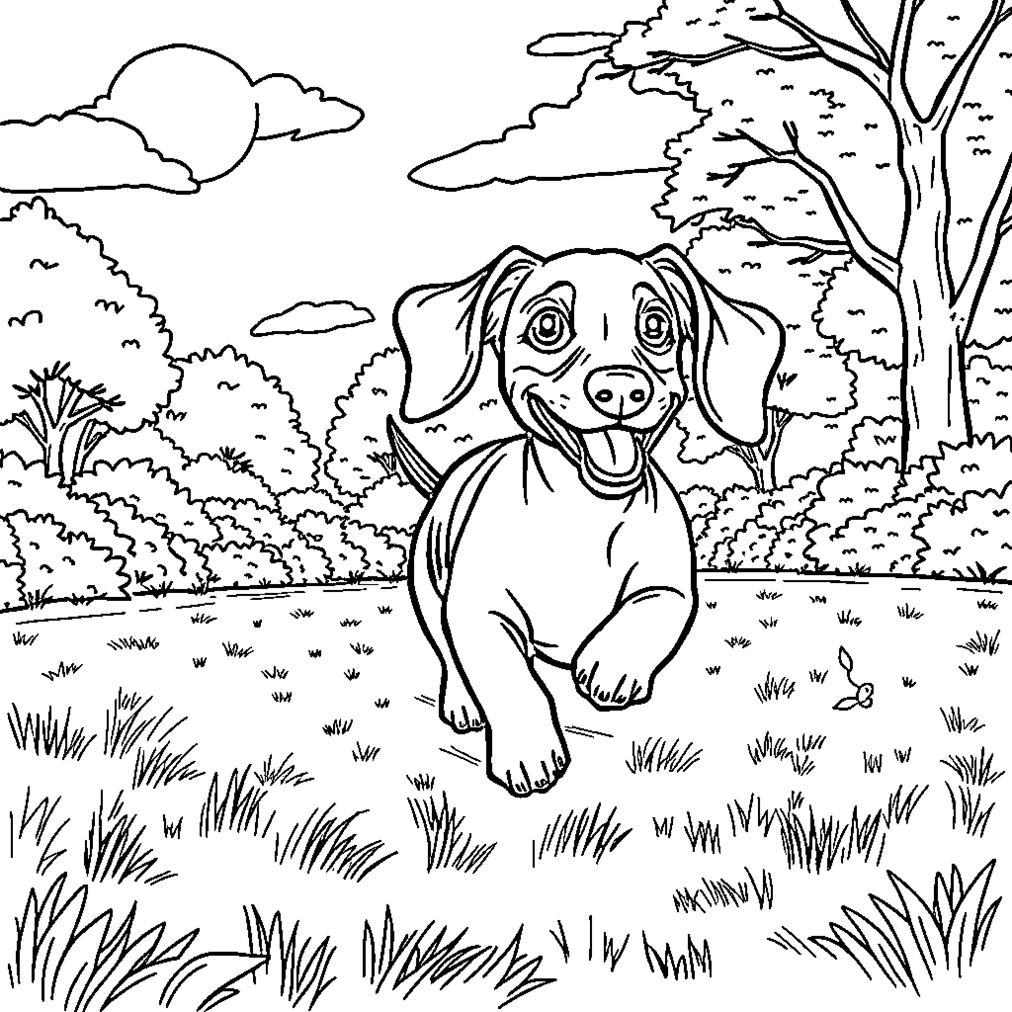 Dachshund exploring a scenic outdoor landscape Coloring Page (free black-and-white line drawing printable PDF for all, from beginners to advanced learners, including children, teens, adults, and seniors)