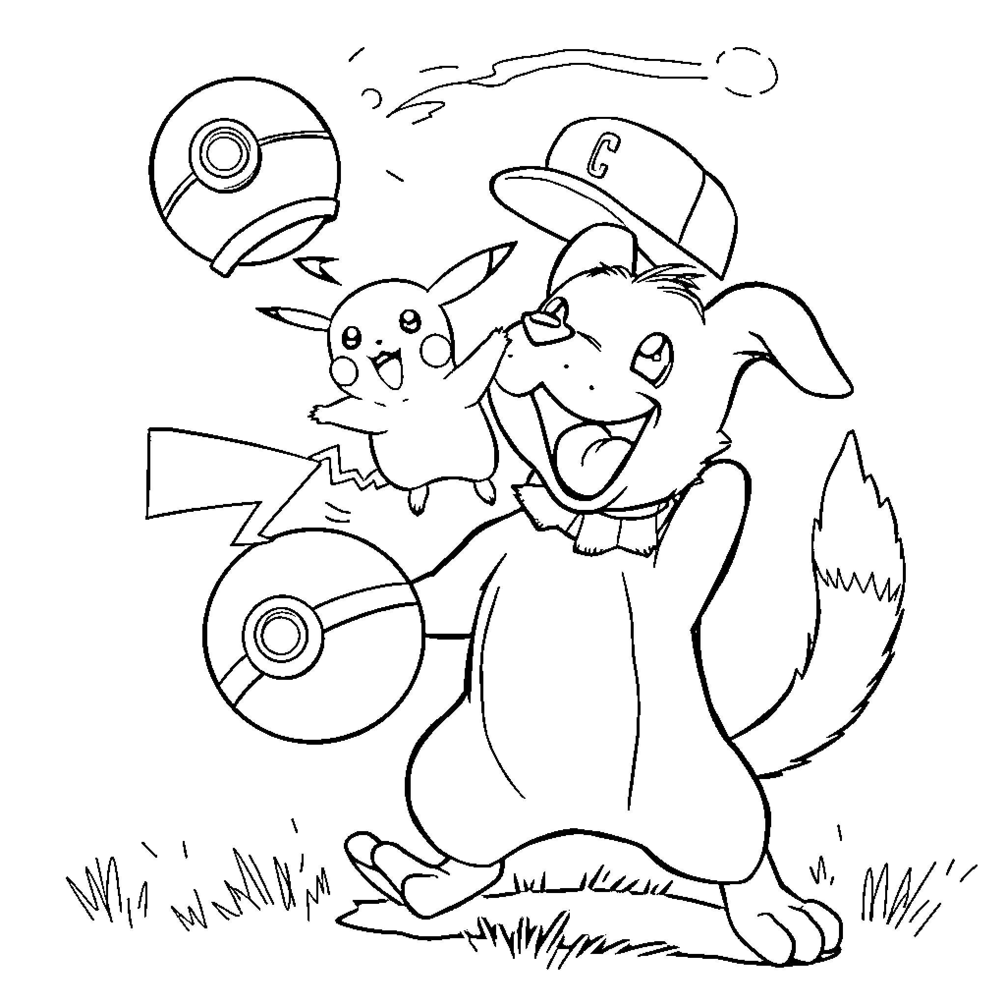 Dogman and Pikachu playing with Pokeballs in the wild Coloring Page (free black-and-white line drawing printable PDF for all, from beginners to advanced learners, including children, teens, adults, and seniors)