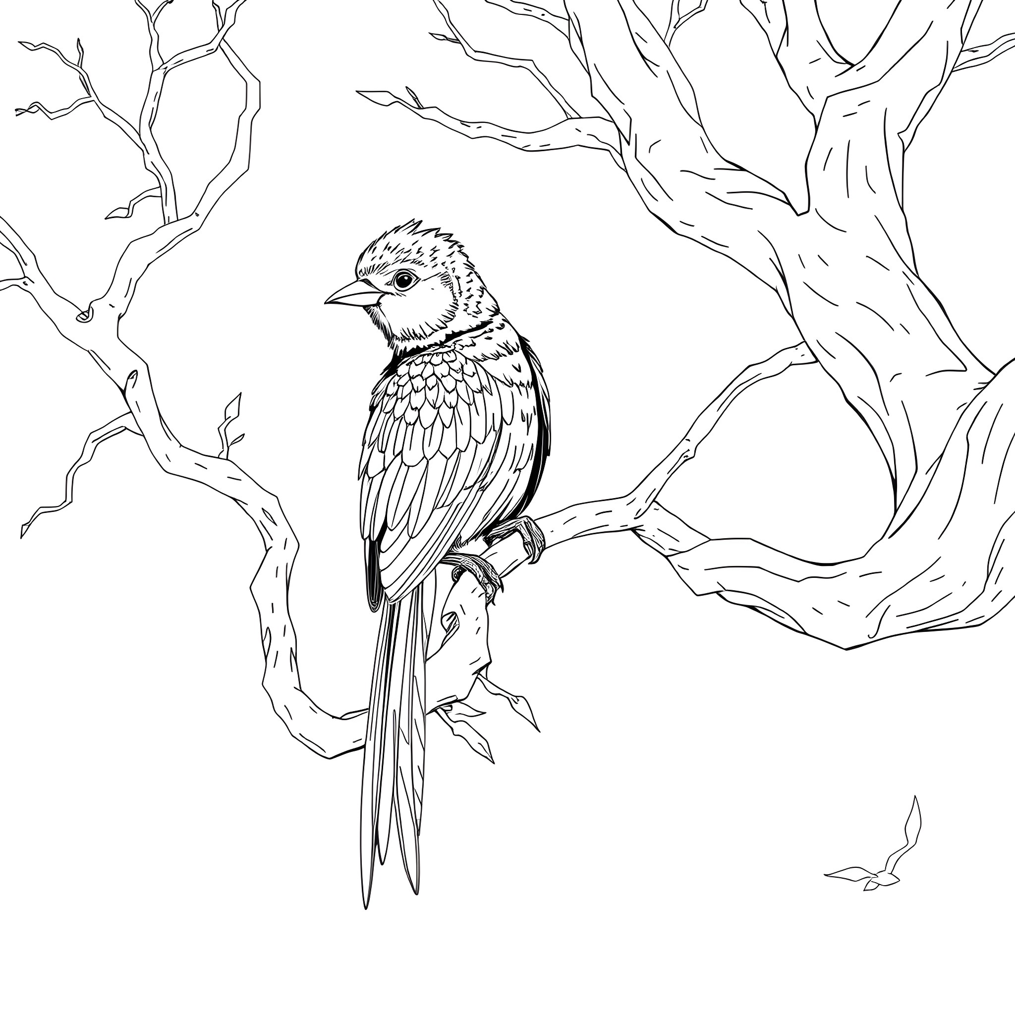 Passerina perched amidst intricate tree branches Coloring Page (free black-and-white line drawing printable PDF for all, from beginners to advanced learners, including children, teens, adults, and seniors)