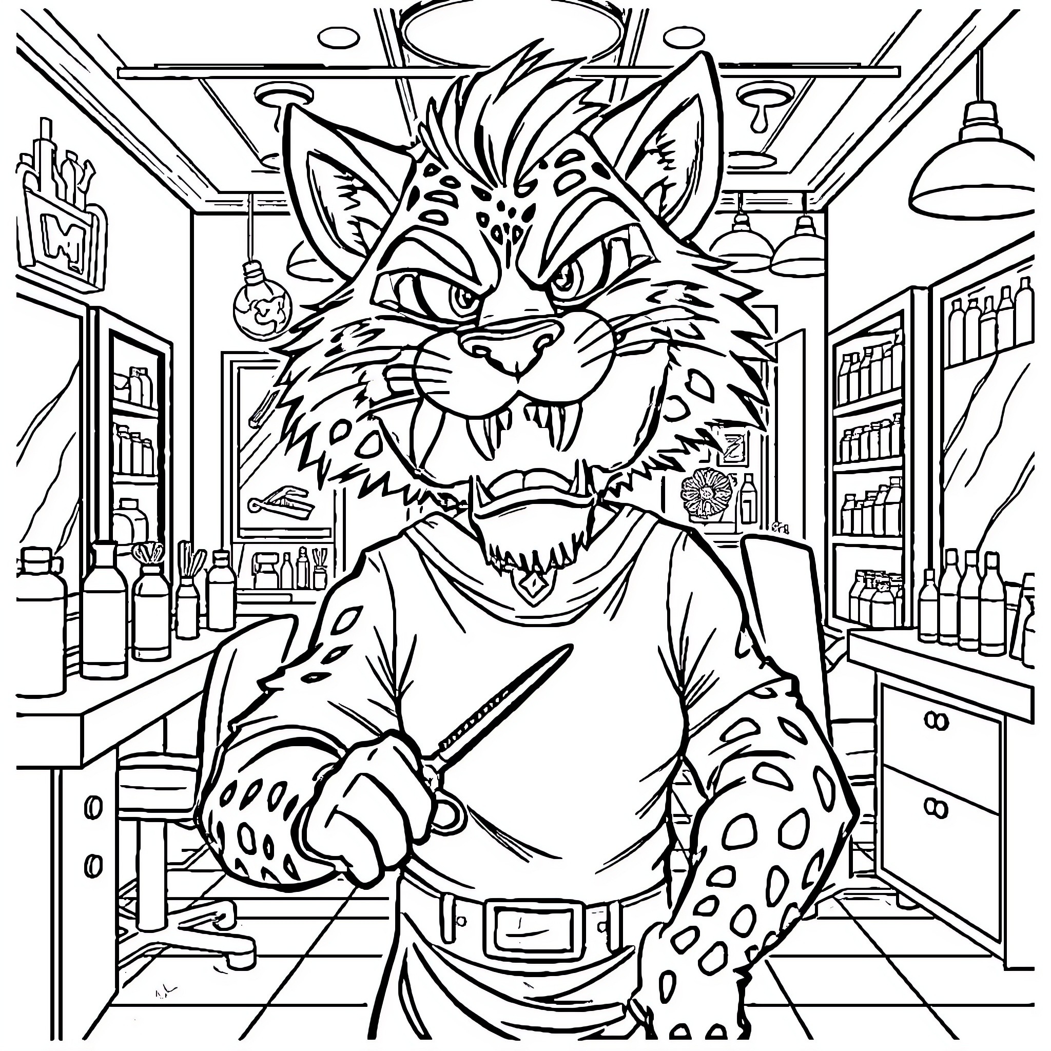 Freddy Cougar's Fearsome Expression in Cluttered Grocery Store Coloring Page (free black-and-white line drawing printable PDF for all, from beginners to advanced learners, including children, teens, adults, and seniors)