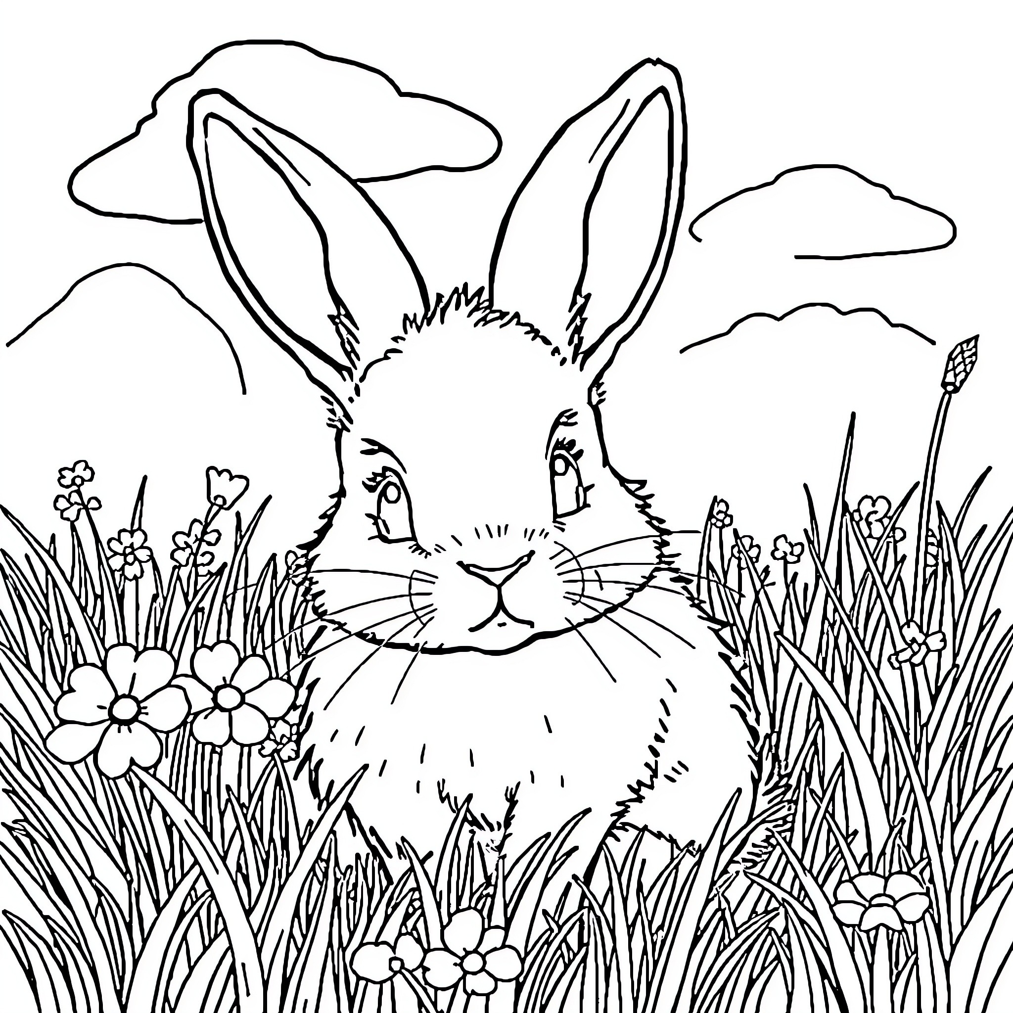 Bunny hiding in the lush meadow Coloring Page (free black-and-white line drawing printable PDF for all, from beginners to advanced learners, including children, teens, adults, and seniors)