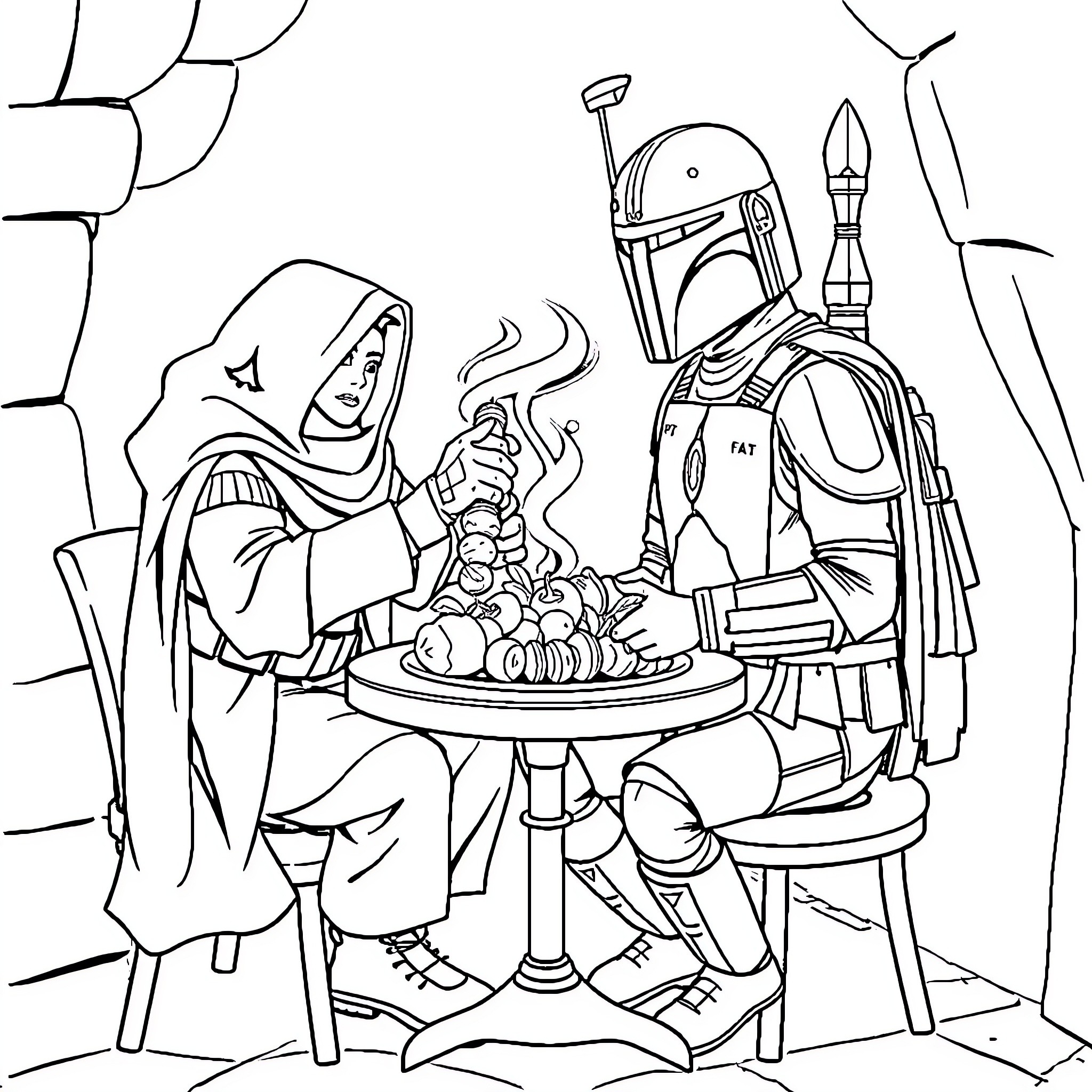 Mon Calamari Sharing a Meal Coloring Page (free black-and-white line drawing printable PDF for all, from beginners to advanced learners, including children, teens, adults, and seniors)