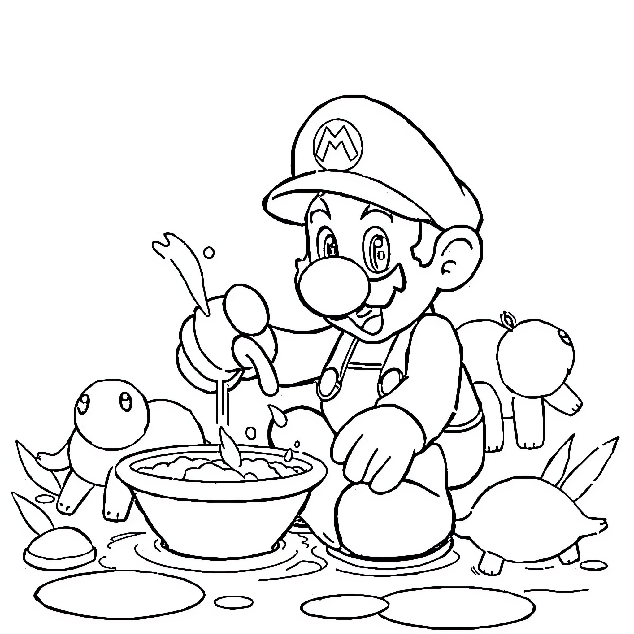 Mario Cooking and Feeding Friendly Creatures Coloring Page (free black-and-white line drawing printable PDF for all, from beginners to advanced learners, including children, teens, adults, and seniors)