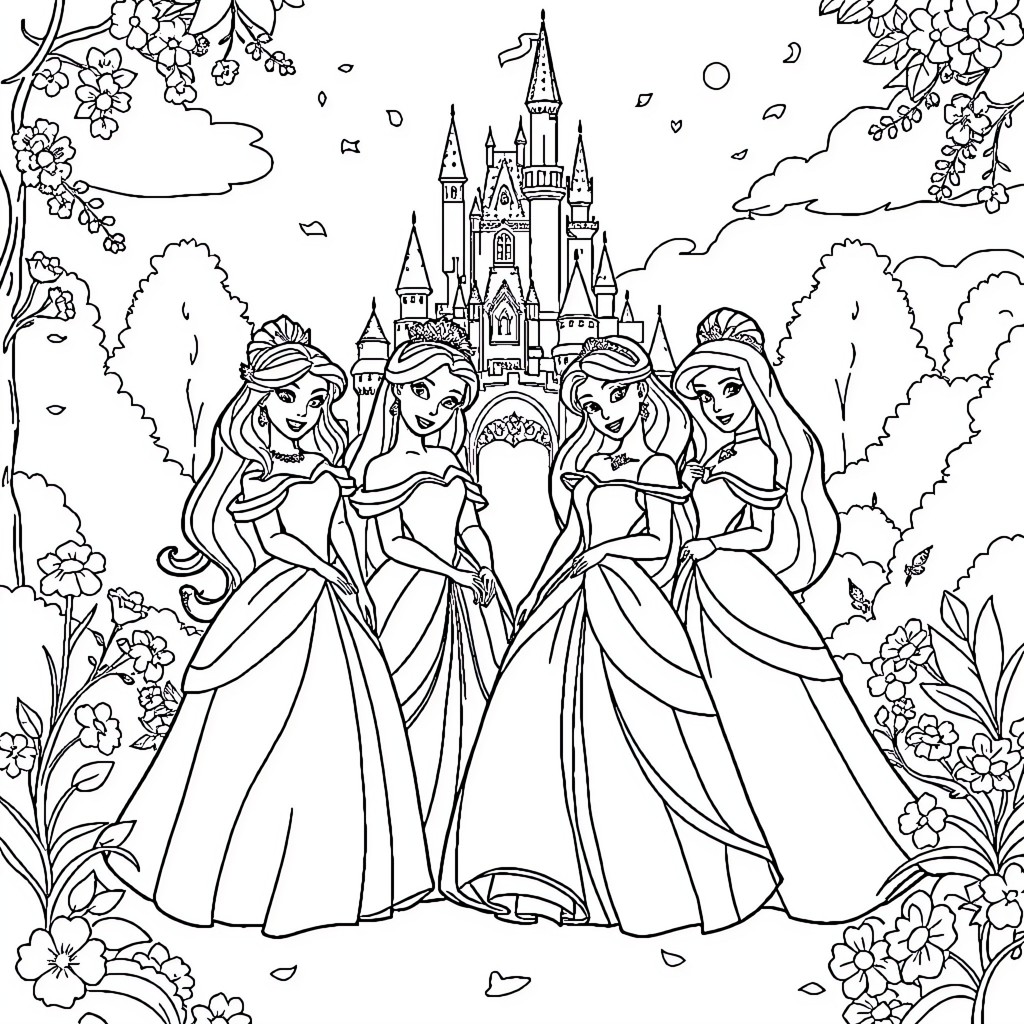 Princess Delight in a Castle Garden Coloring Page (free black-and-white line drawing printable PDF for all, from beginners to advanced learners, including children, teens, adults, and seniors)