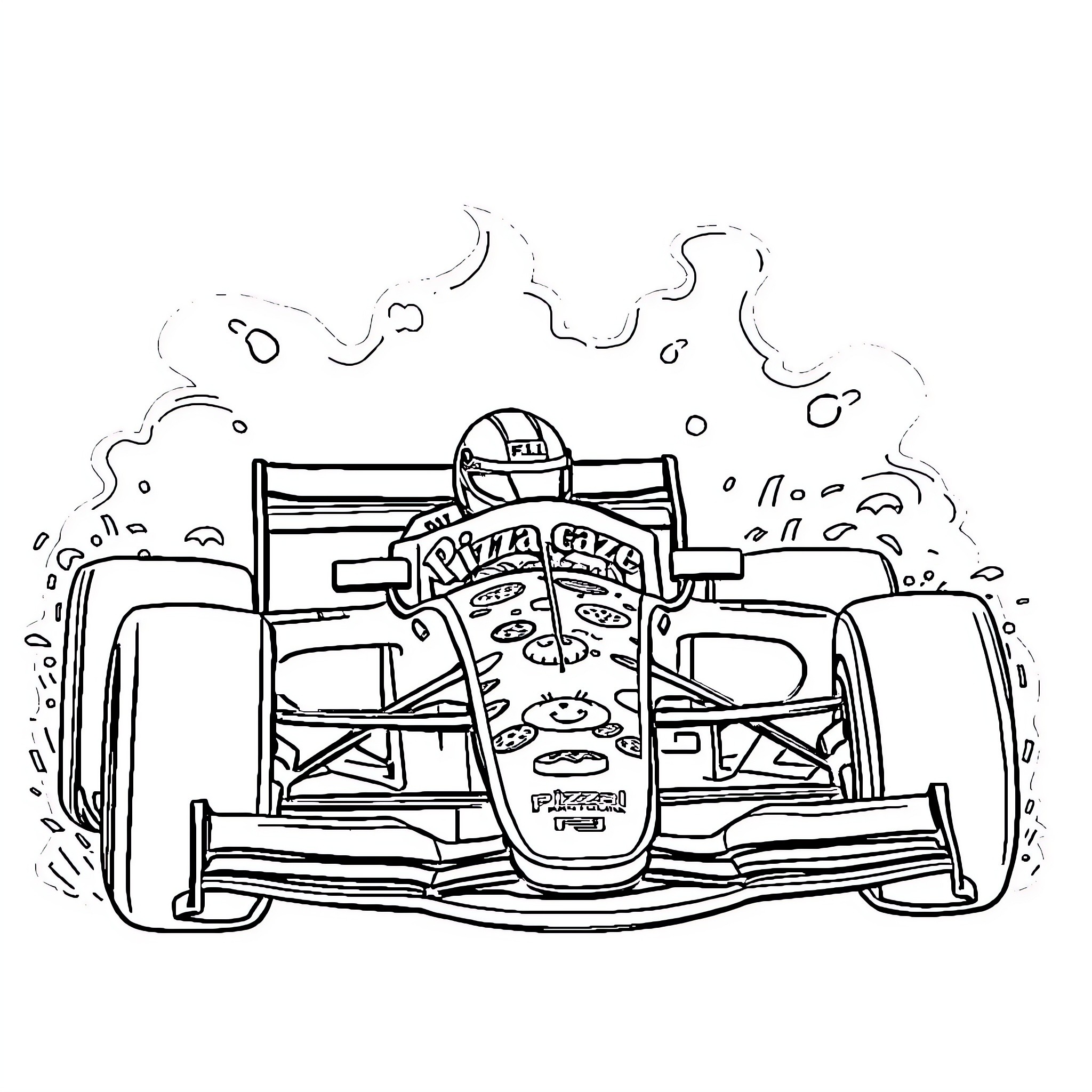 F1 Driver Speeding on the Racetrack Coloring Page (free black-and-white line drawing printable PDF for all, from beginners to advanced learners, including children, teens, adults, and seniors)