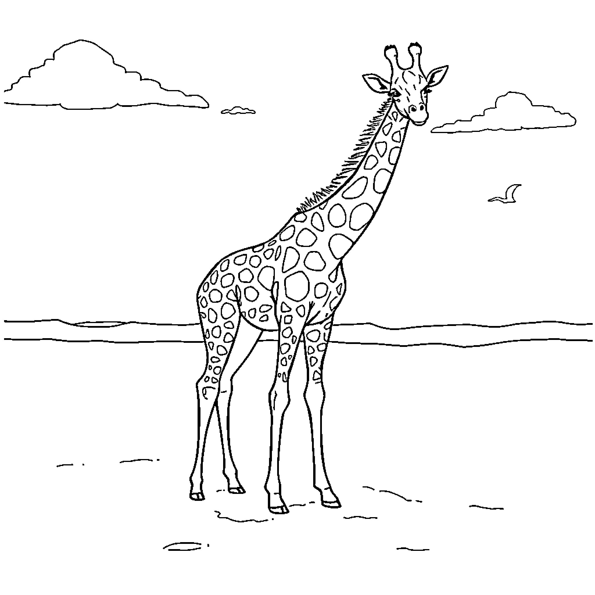 Giraffe standing tall in scenic landscape Coloring Page (free black-and-white line drawing printable PDF for all, from beginners to advanced learners, including children, teens, adults, and seniors)