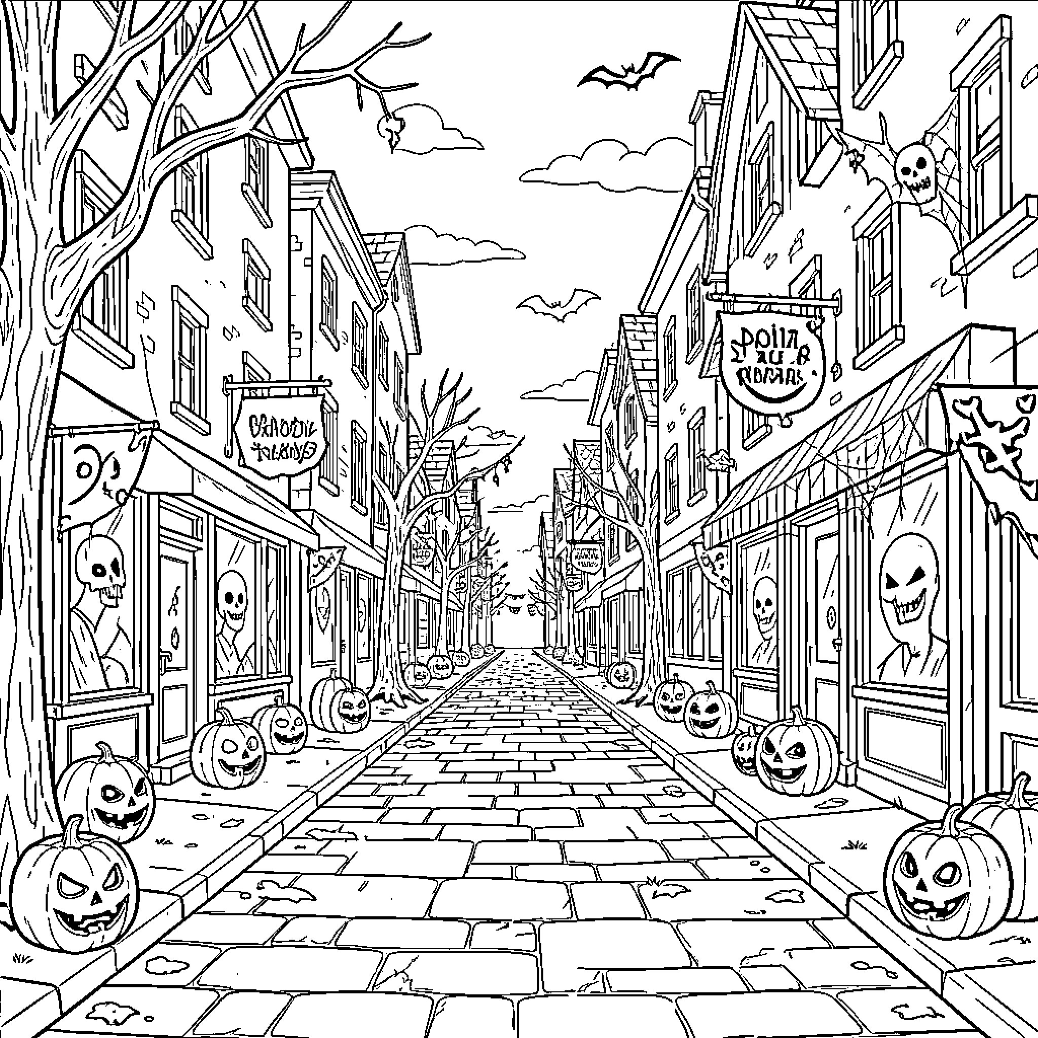 Halloween street scene with spooky decorations and pumpkins Coloring Page (free black-and-white line drawing printable PDF for all, from beginners to advanced learners, including children, teens, adults, and seniors)