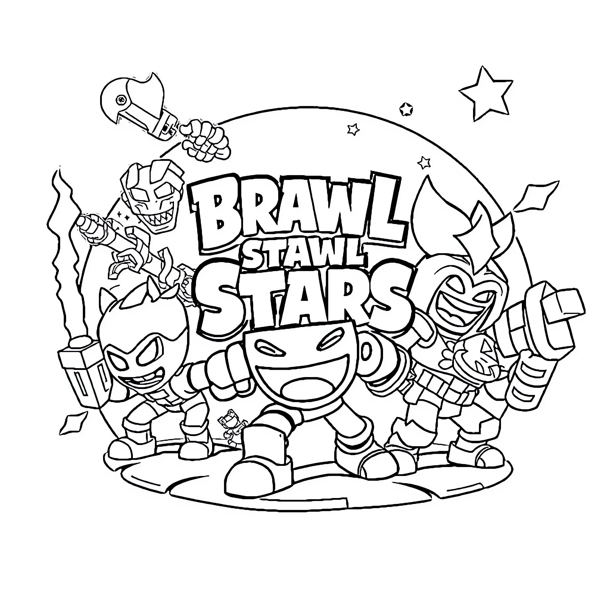 Brawl Stars - Exciting Action and Heroic Showdown Coloring Page (free black-and-white line drawing printable PDF for all, from beginners to advanced learners, including children, teens, adults, and seniors)