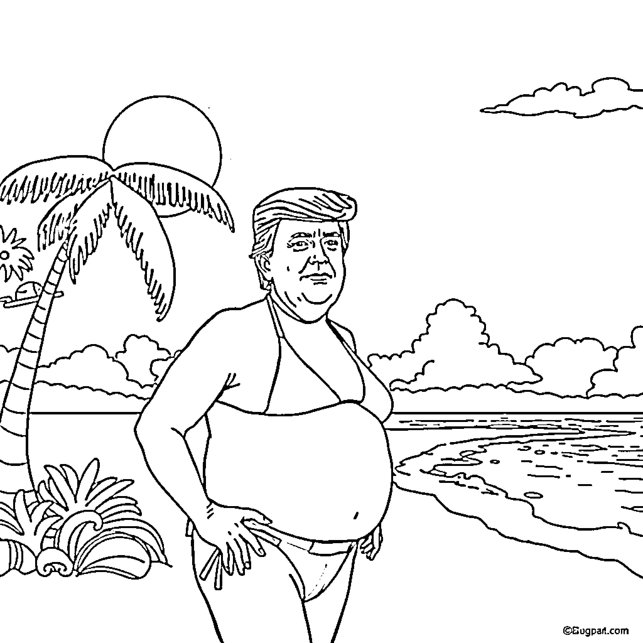 Donald Trump relaxing on a tropical beach Coloring Page (free black-and-white line drawing printable PDF for all, from beginners to advanced learners, including children, teens, adults, and seniors)