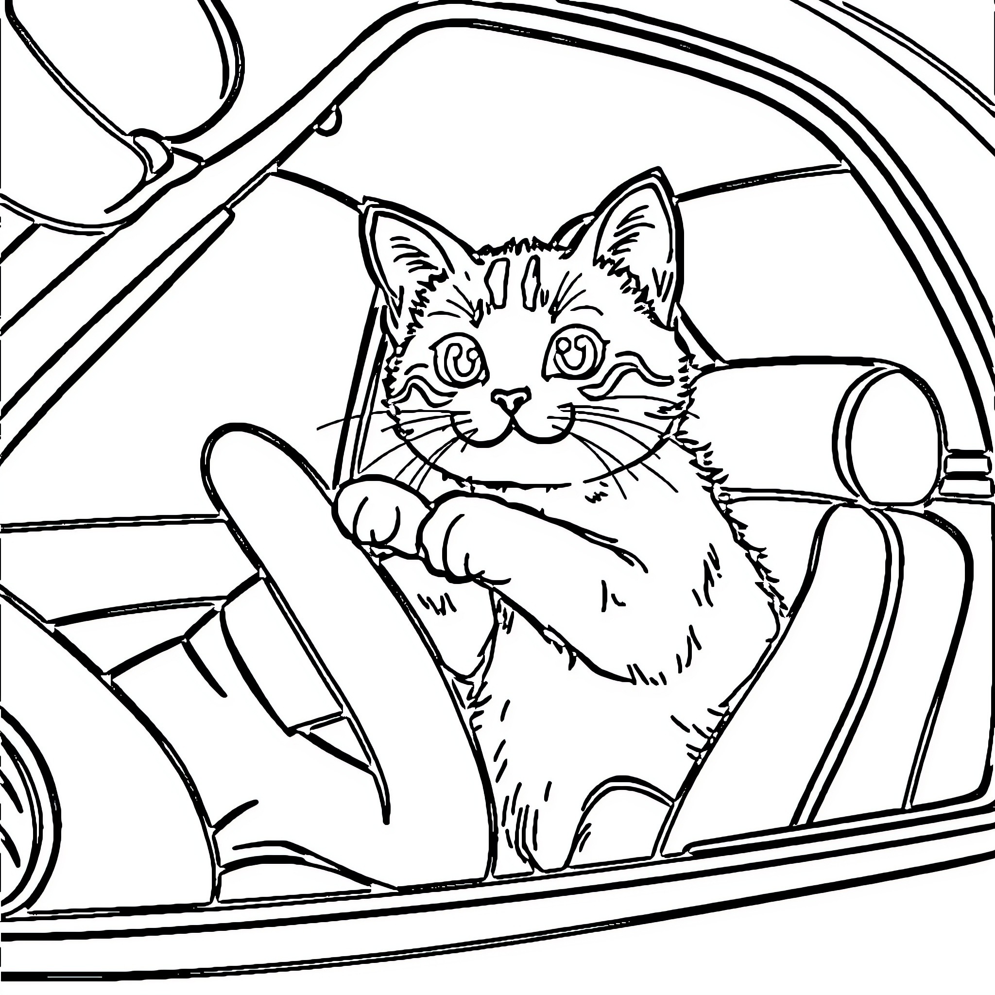 Cat enjoying a car ride Coloring Page (free black-and-white line drawing printable PDF for all, from beginners to advanced learners, including children, teens, adults, and seniors)