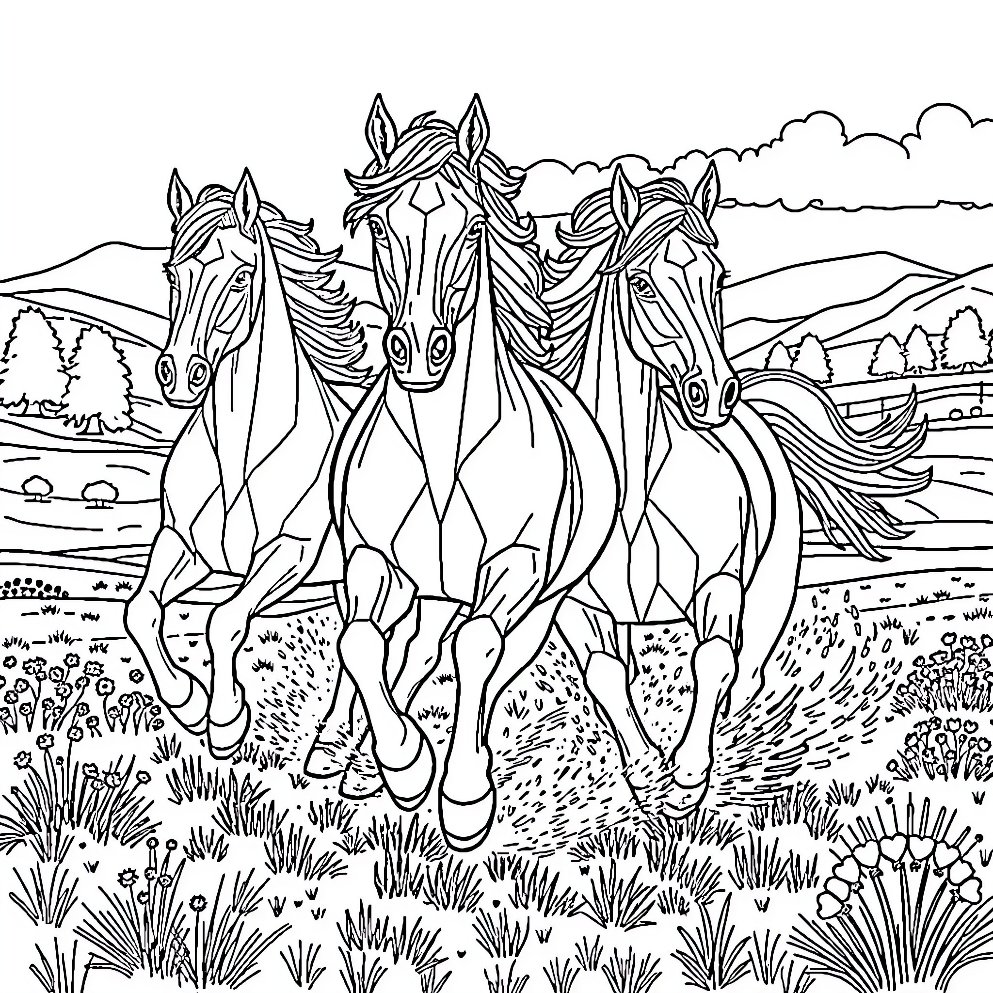 Horses galloping through a scenic countryside Coloring Page (free black-and-white line drawing printable PDF for all, from beginners to advanced learners, including children, teens, adults, and seniors)