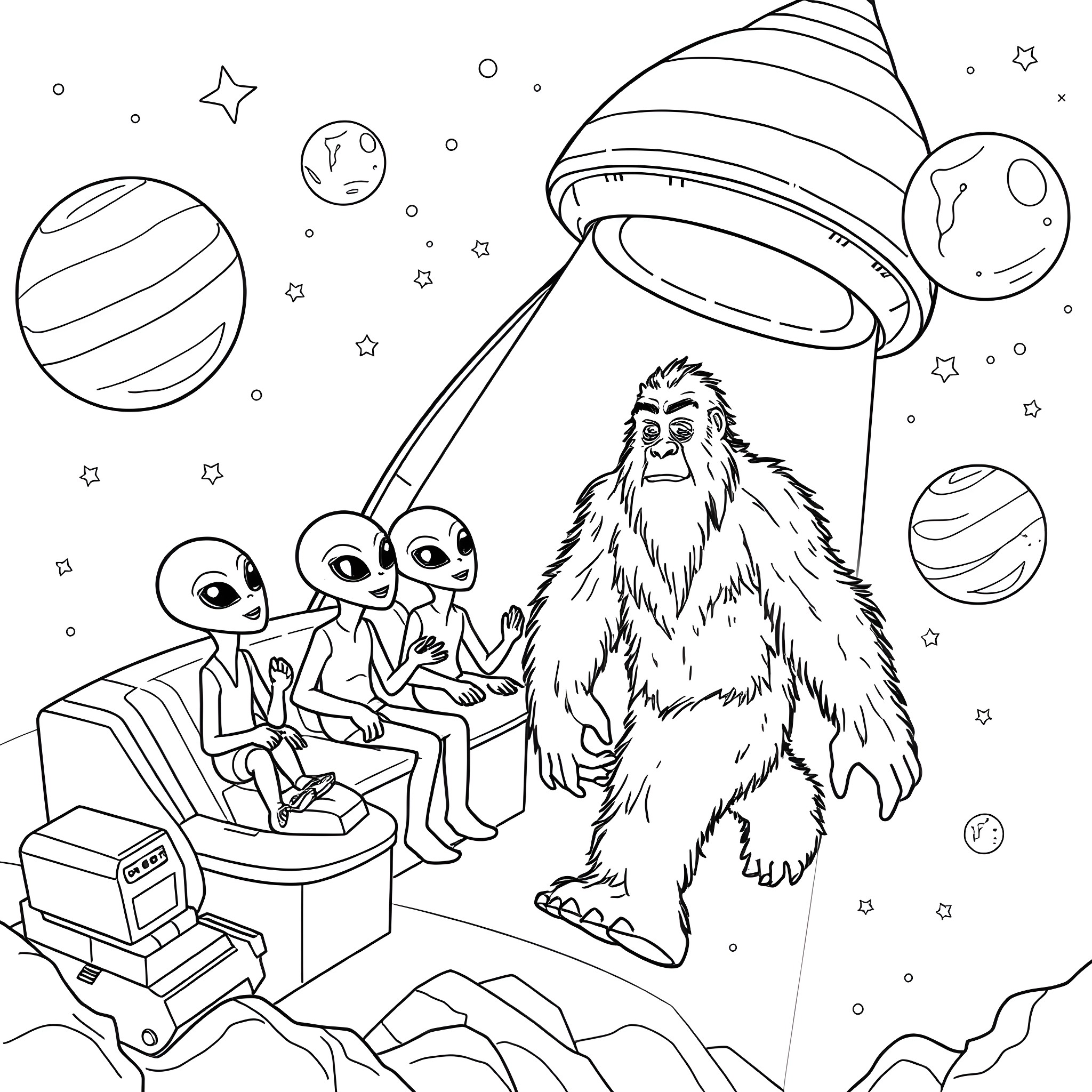 Alien Bigfoot Encounter in Outer Space Coloring Page (free black-and-white line drawing printable PDF for all, from beginners to advanced learners, including children, teens, adults, and seniors)