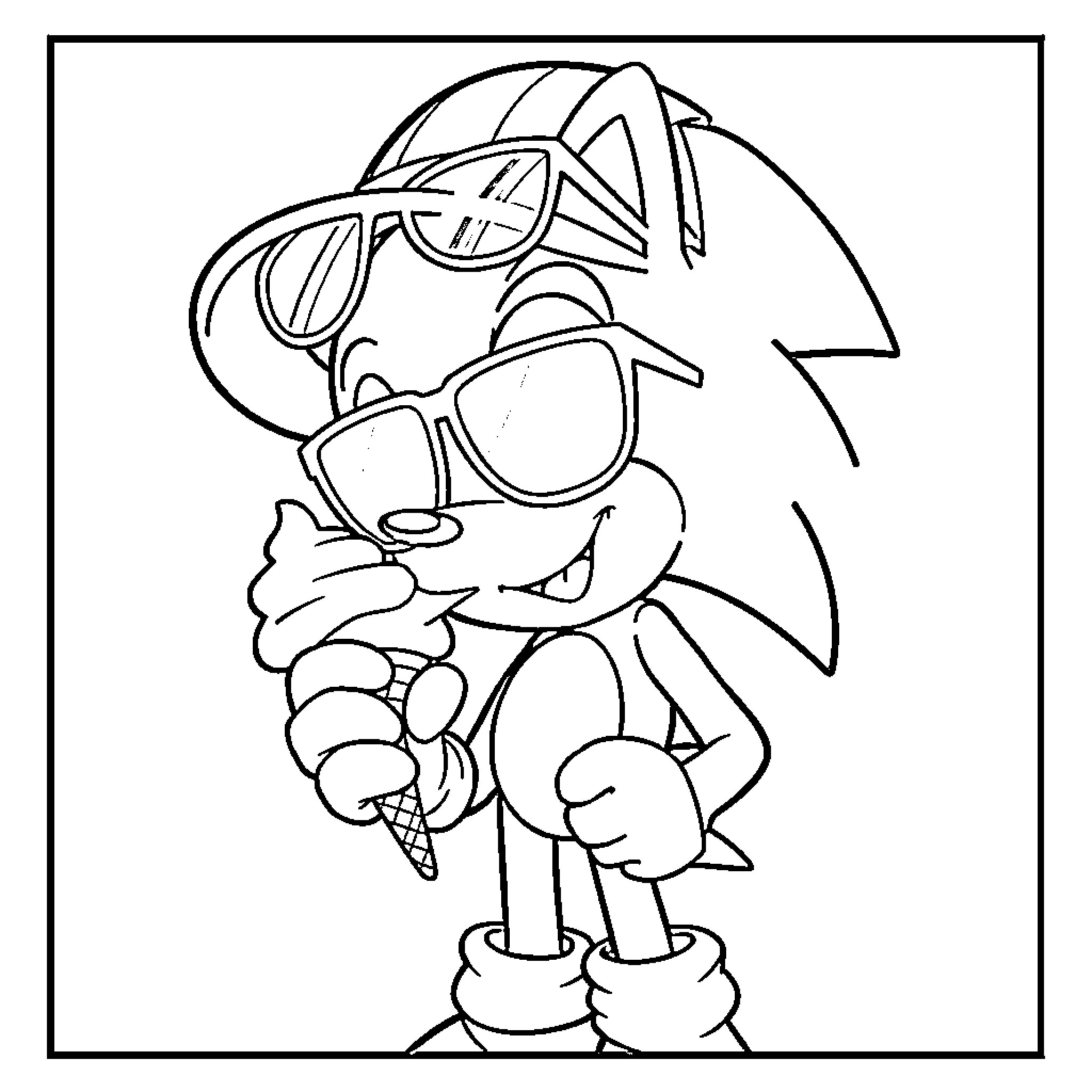 Sonic the Hedgehog enjoying a cold treat Coloring Page (free black-and-white line drawing printable PDF for all, from beginners to advanced learners, including children, teens, adults, and seniors)