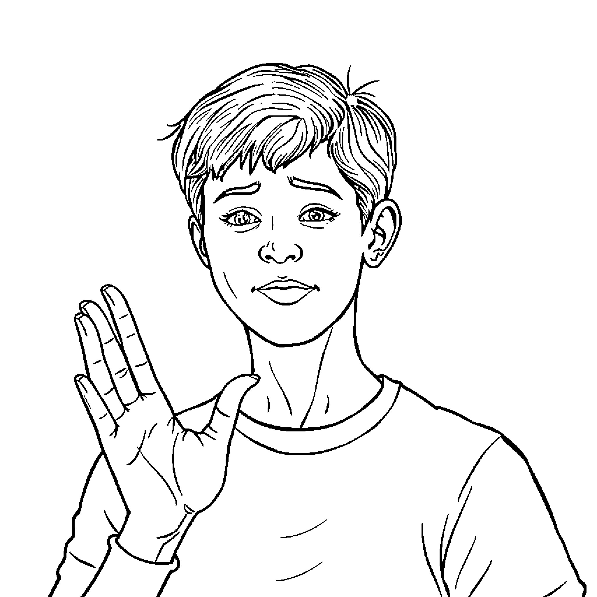 Deaf youth communicating with sign language Coloring Page (free black-and-white line drawing printable PDF for all, from beginners to advanced learners, including children, teens, adults, and seniors)
