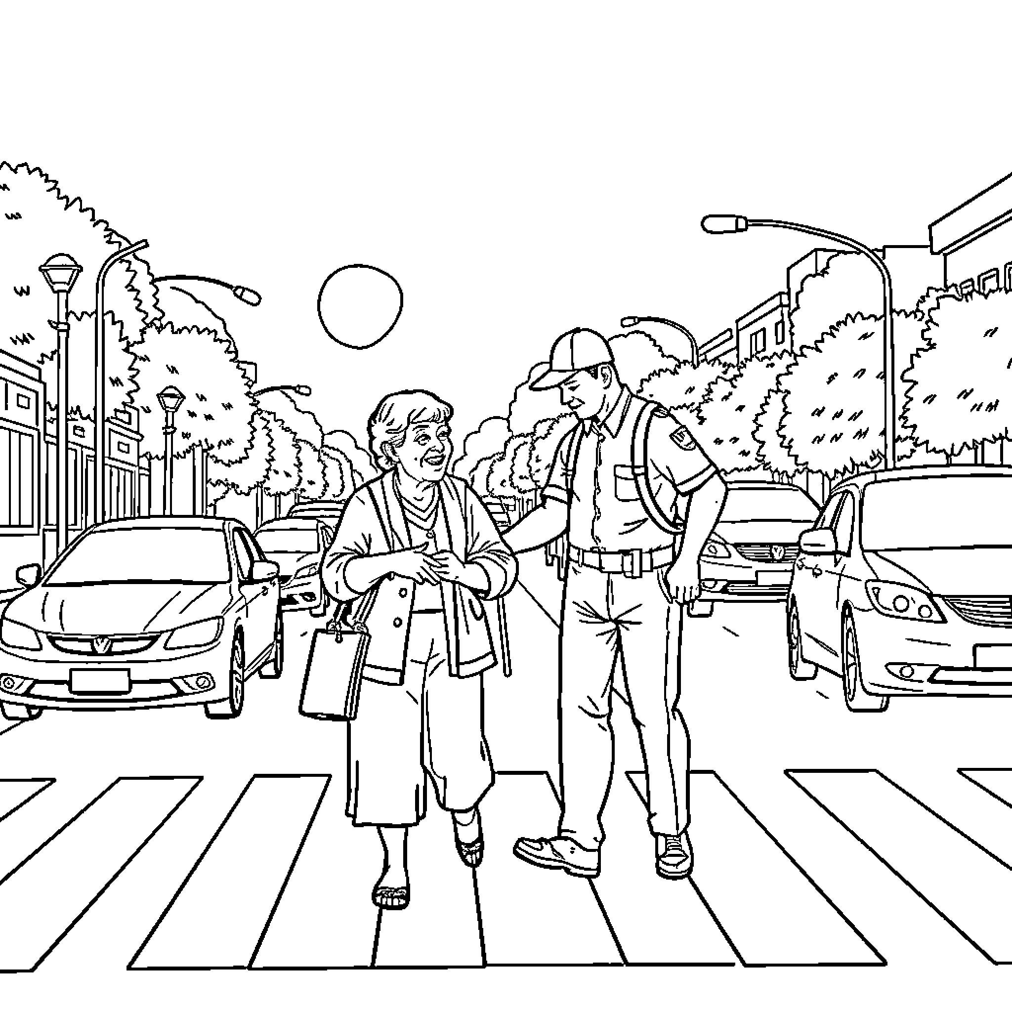 Batimam assisting an elderly person at a crosswalk Coloring Page (free black-and-white line drawing printable PDF for all, from beginners to advanced learners, including children, teens, adults, and seniors)
