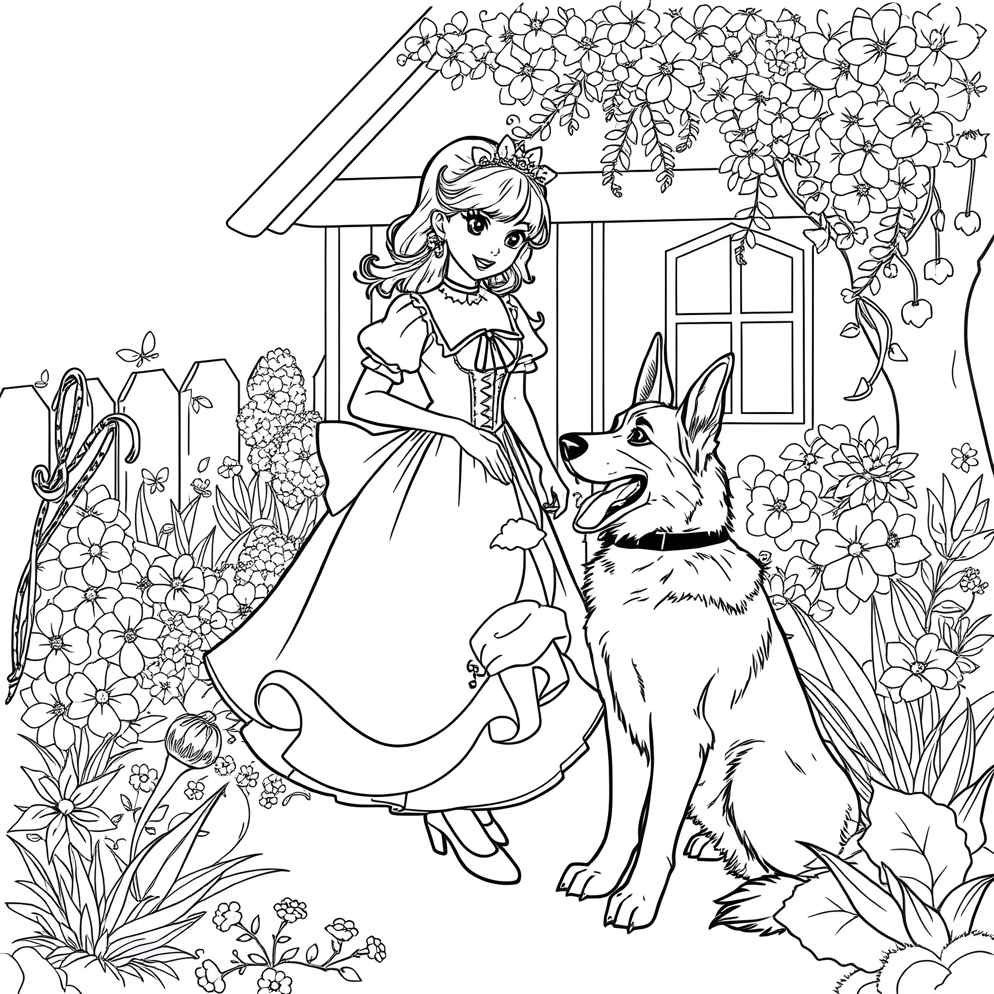 Maid Attending to a Loyal Canine Companion in a Floral Garden Coloring Page (free black-and-white line drawing printable PDF for all, from beginners to advanced learners, including children, teens, adults, and seniors)