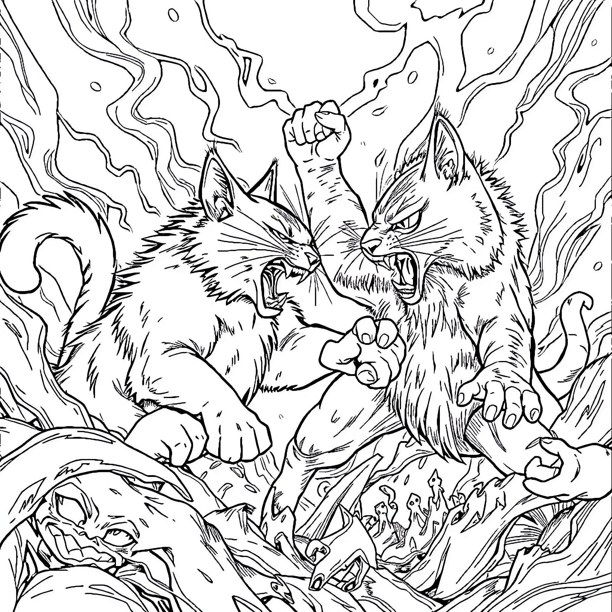 Warrior Cats in Fierce Battle Coloring Page (free black-and-white line drawing printable PDF for all, from beginners to advanced learners, including children, teens, adults, and seniors)