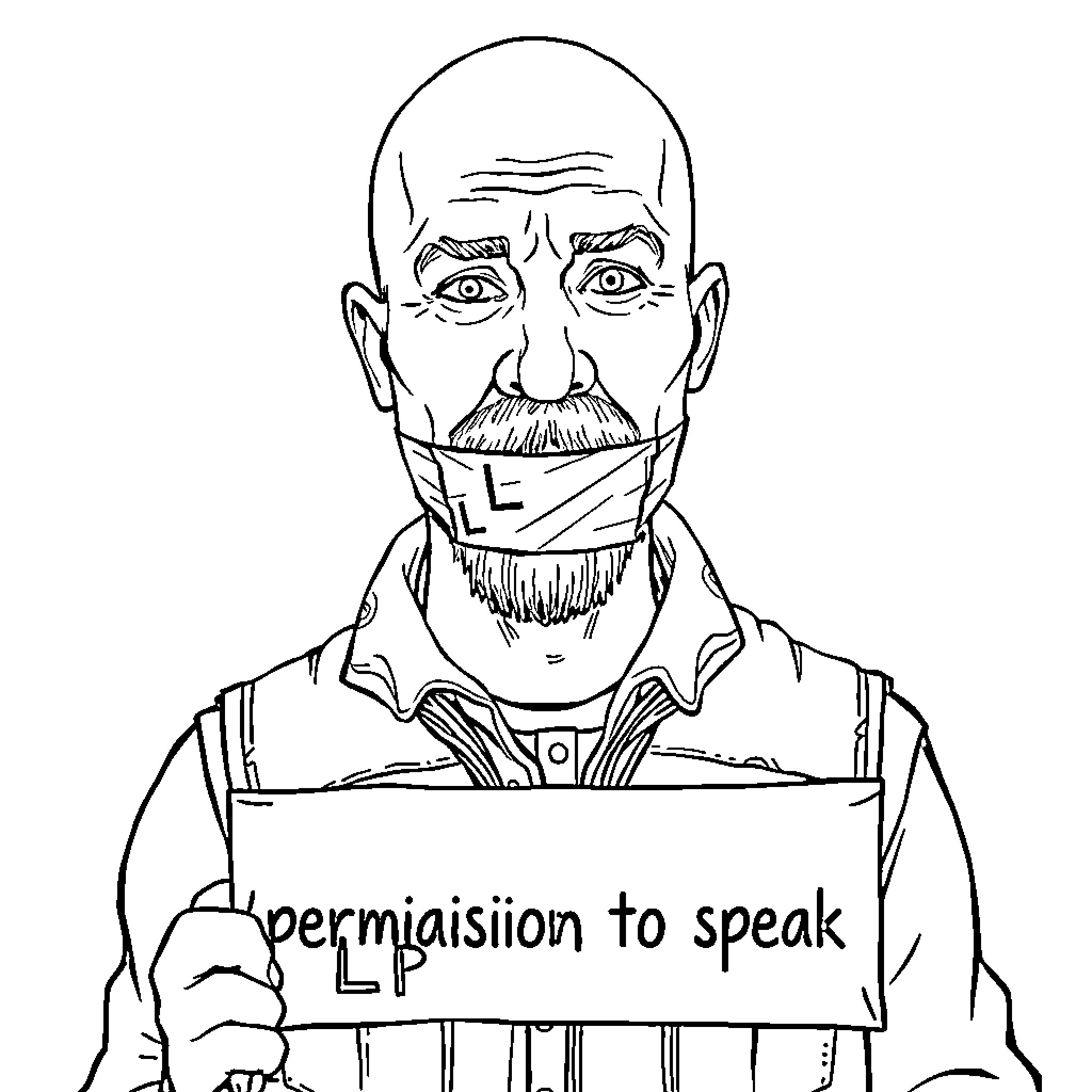 Bald Man Holding Sign Restricting Speech Coloring Page (free black-and-white line drawing printable PDF for all, from beginners to advanced learners, including children, teens, adults, and seniors)