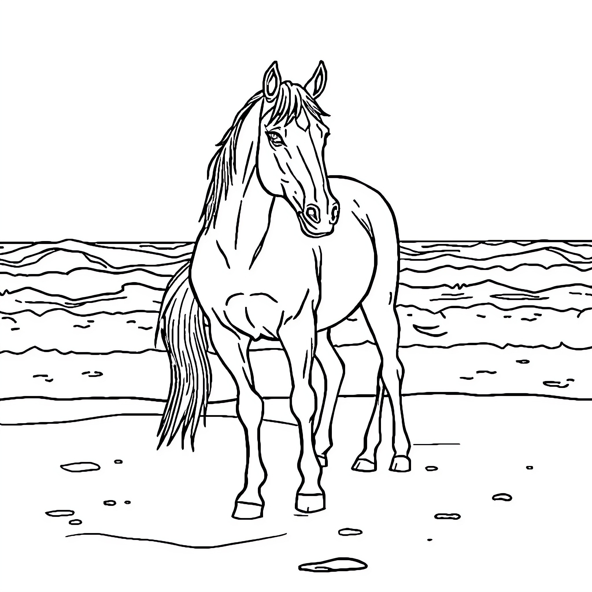 Horse standing on the beach Coloring Page (free black-and-white line drawing printable PDF for all, from beginners to advanced learners, including children, teens, adults, and seniors)
