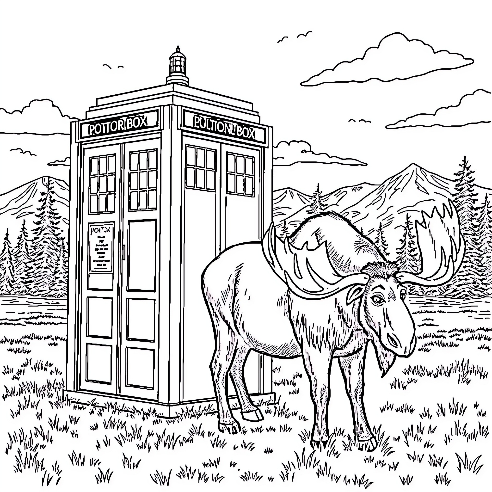 TARDIS with a moose in the wilderness Coloring Page (free black-and-white line drawing printable PDF for all, from beginners to advanced learners, including children, teens, adults, and seniors)