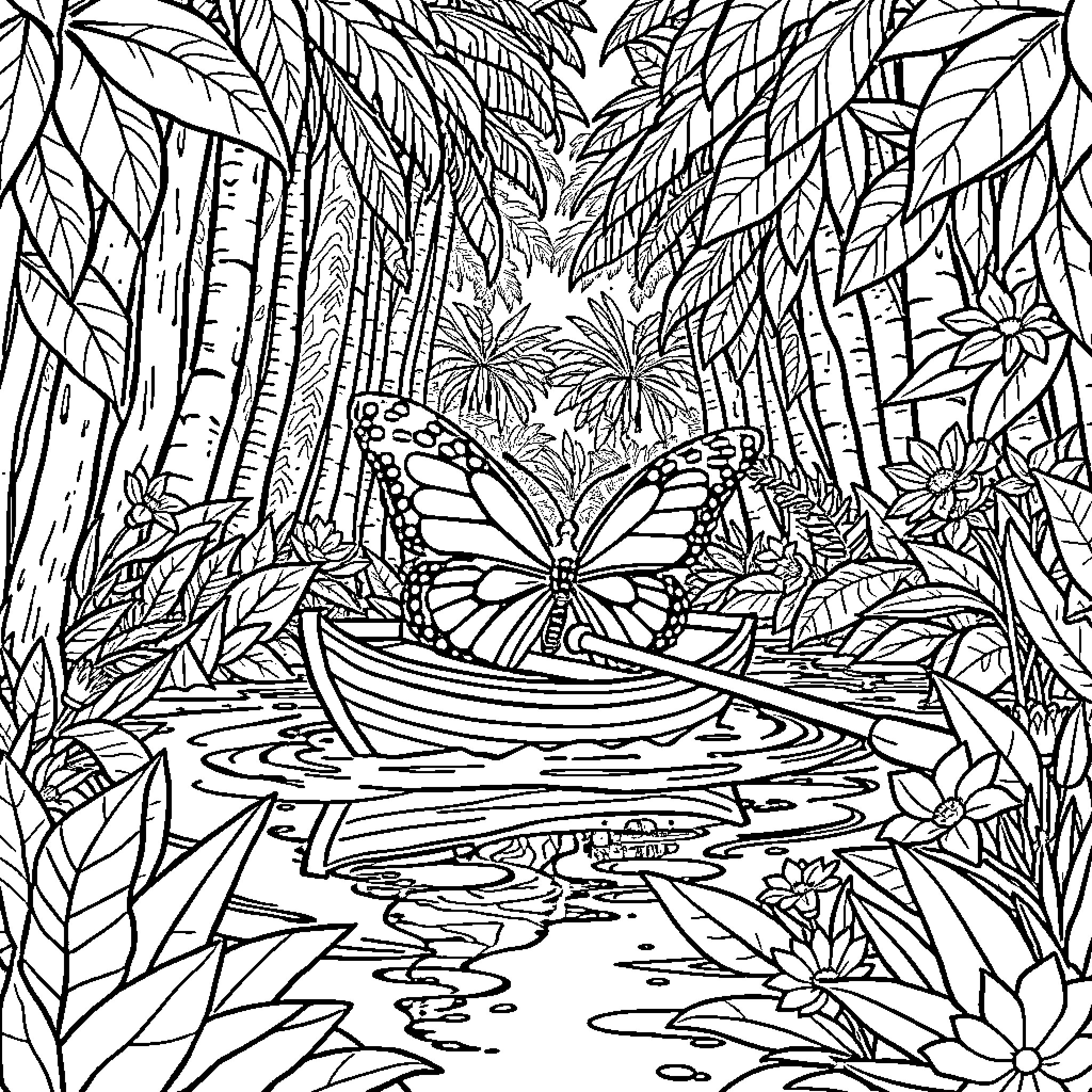Butterfly Boat Floating in Enchanted Forest Coloring Page (free black-and-white line drawing printable PDF for all, from beginners to advanced learners, including children, teens, adults, and seniors)