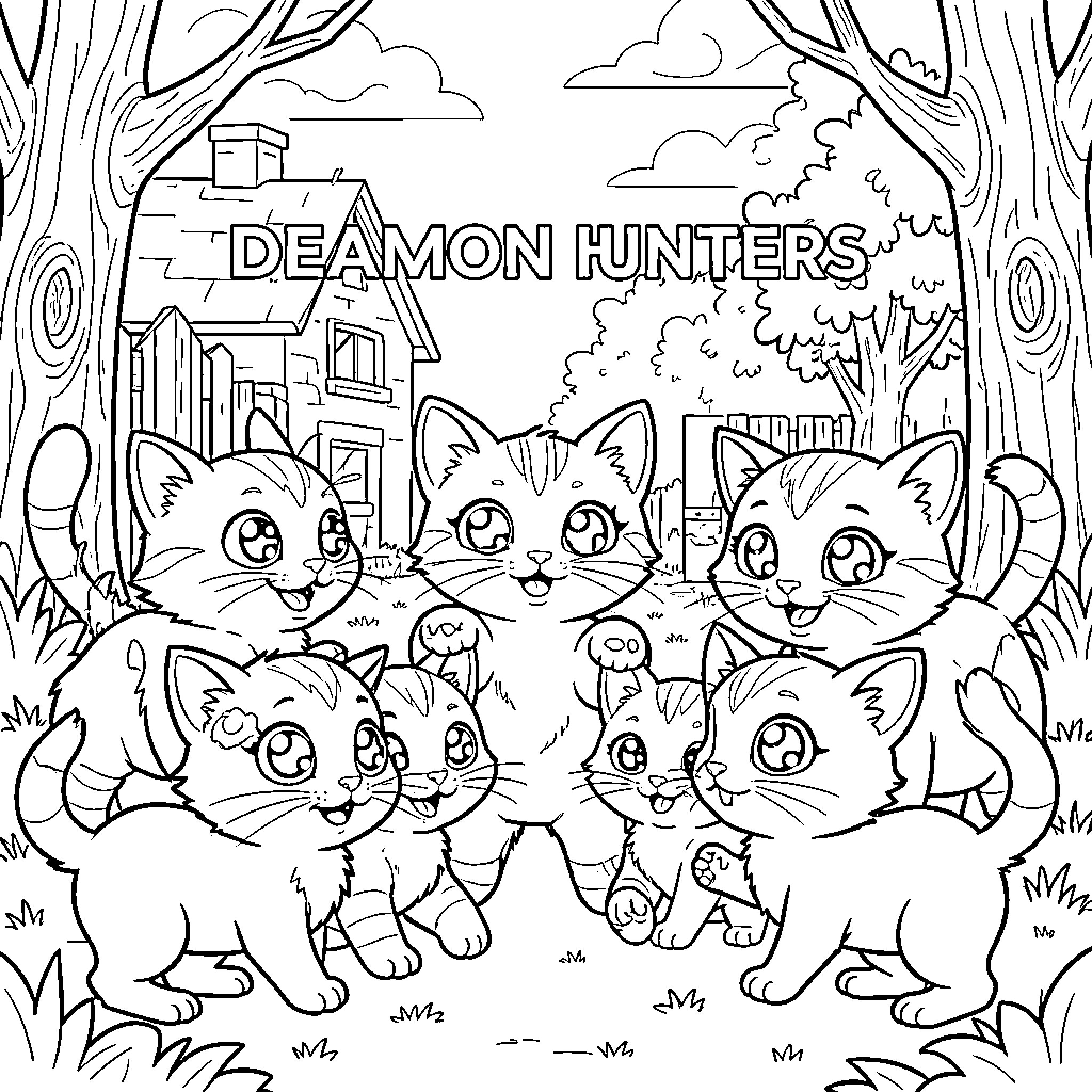 Kittens gathered at Deamon Hunters Coloring Page (free black-and-white line drawing printable PDF for all, from beginners to advanced learners, including children, teens, adults, and seniors)