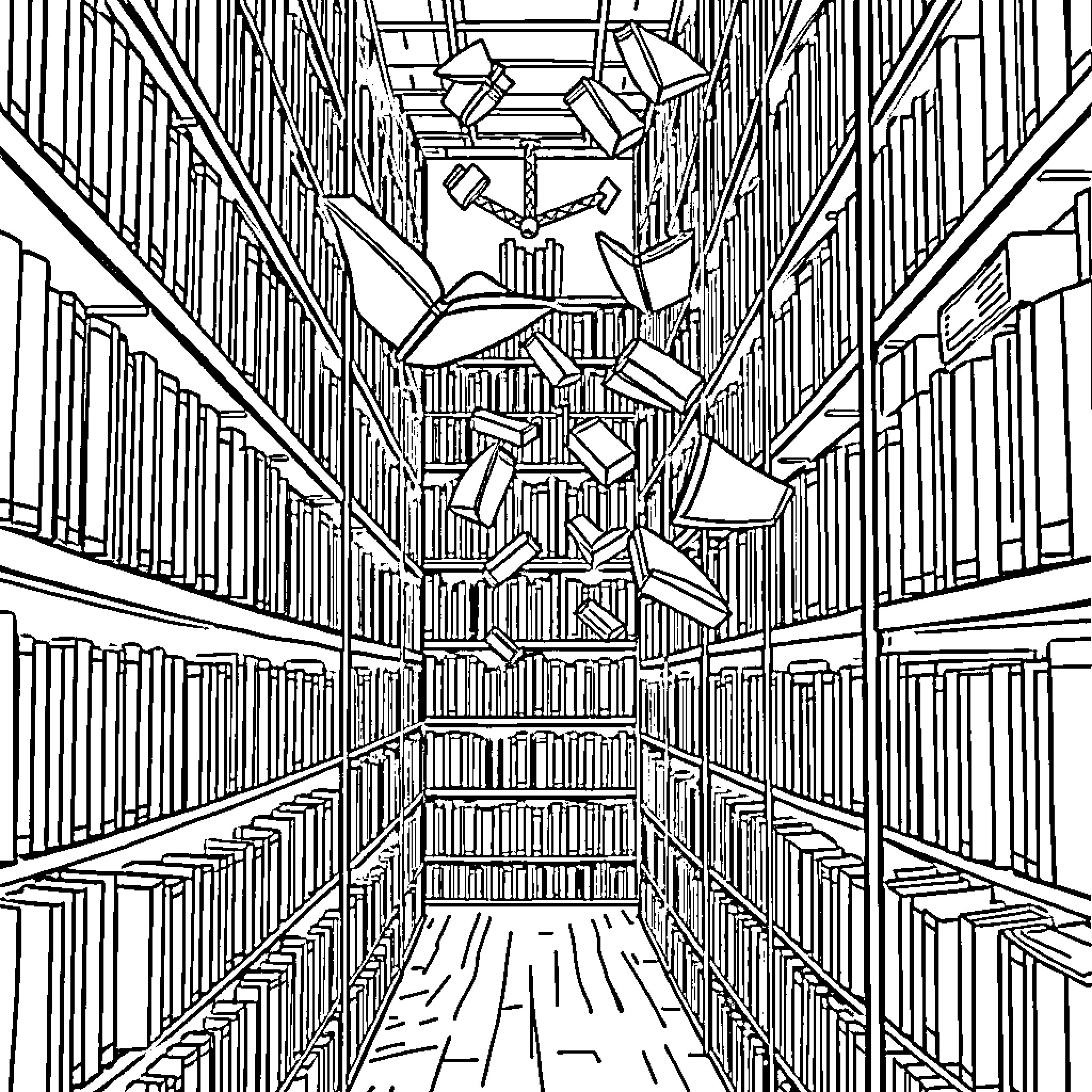 Book Depicting Surreal Library Shelves Coloring Page (free black-and-white line drawing printable PDF for all, from beginners to advanced learners, including children, teens, adults, and seniors)