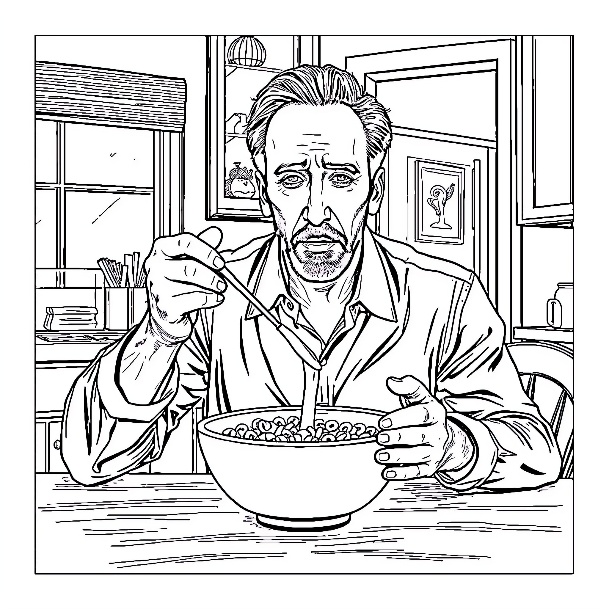 Nicholas Cage eating cereal in contemplative pose Coloring Page (free black-and-white line drawing printable PDF for all, from beginners to advanced learners, including children, teens, adults, and seniors)