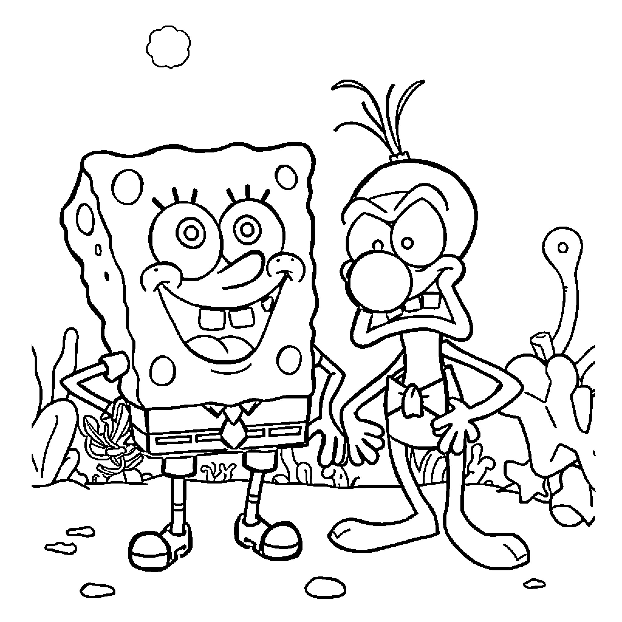 Spongebob and Patrick in a silly pose Coloring Page (free black-and-white line drawing printable PDF for all, from beginners to advanced learners, including children, teens, adults, and seniors)
