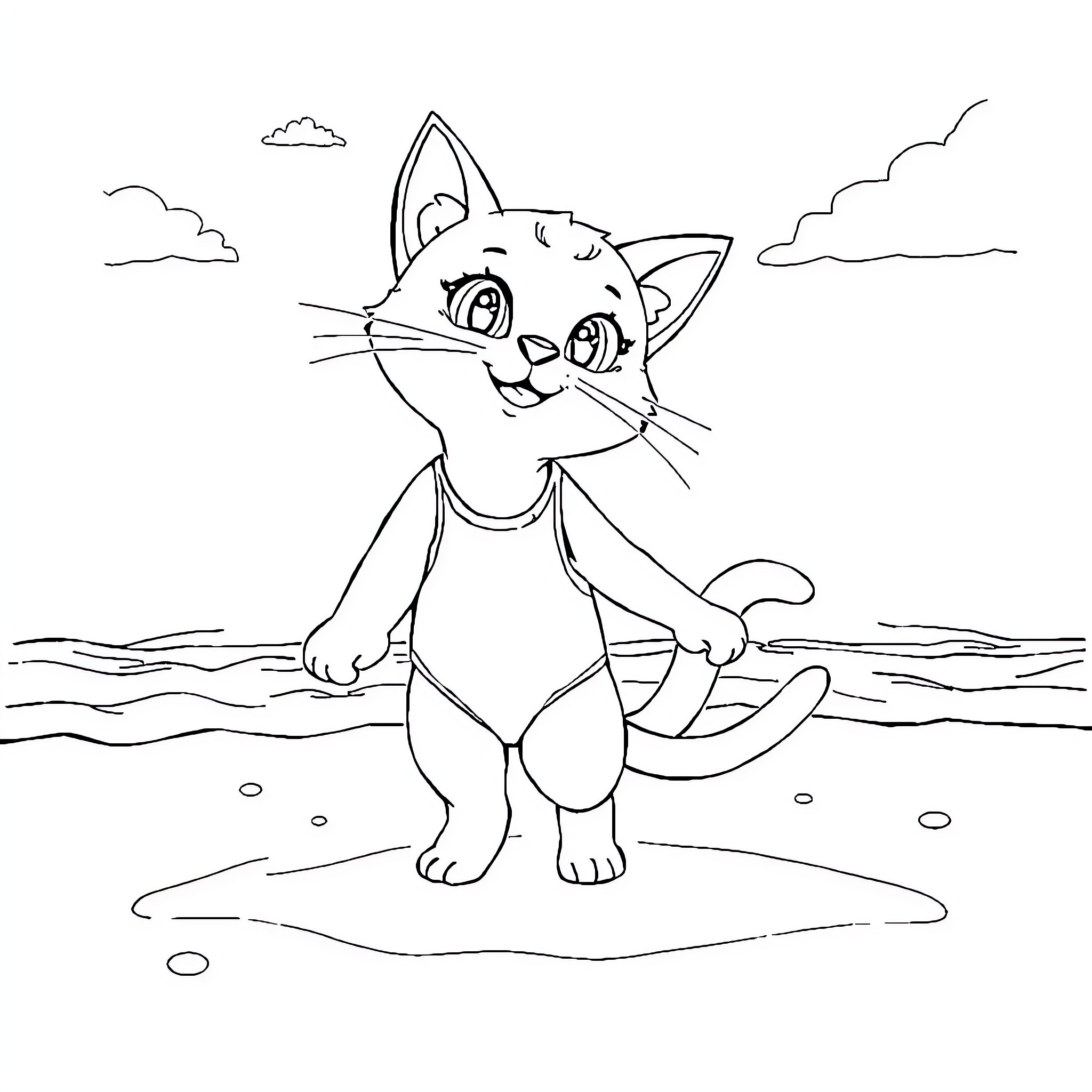 Gabi the Curious Cat on the Beach Coloring Page (free black-and-white line drawing printable PDF for all, from beginners to advanced learners, including children, teens, adults, and seniors)