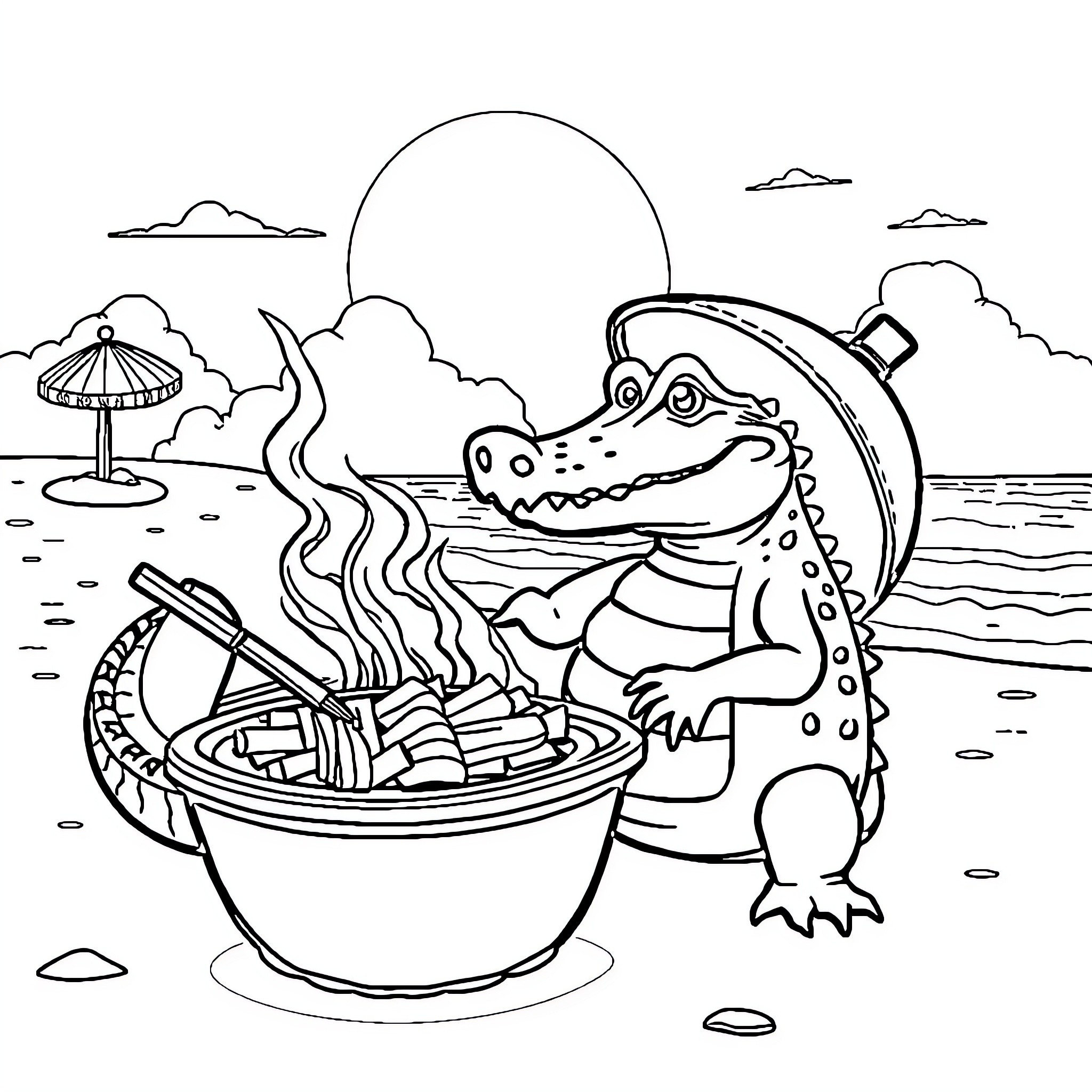 Alligator Enjoying a Warm Meal by the Seaside Coloring Page (free black-and-white line drawing printable PDF for all, from beginners to advanced learners, including children, teens, adults, and seniors)