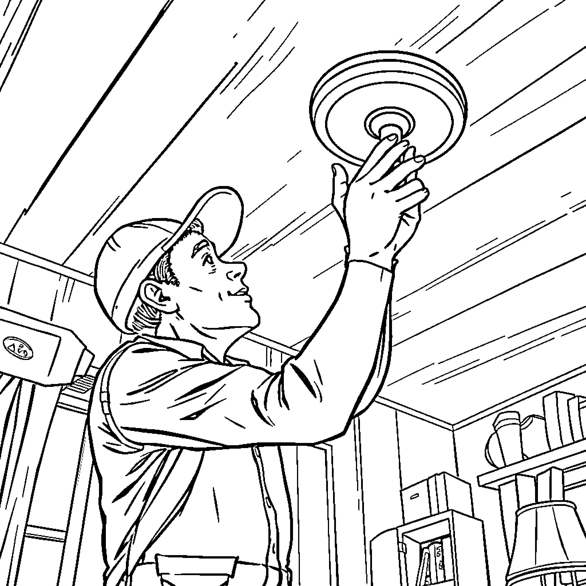 Caretaker inspecting ceiling light fixture in workspace Coloring Page (free black-and-white line drawing printable PDF for all, from beginners to advanced learners, including children, teens, adults, and seniors)