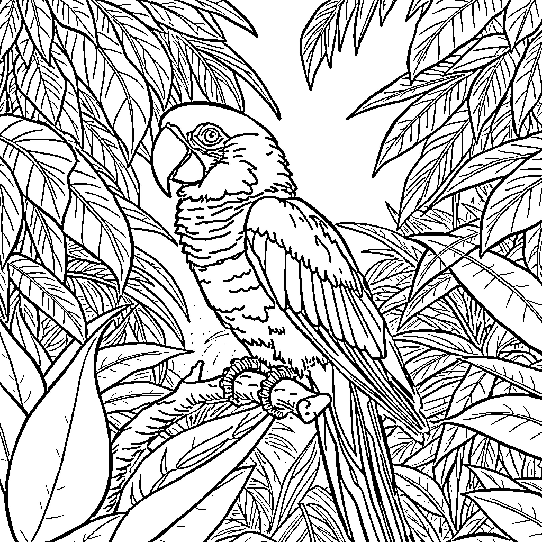 Parrot in a lush tropical jungle Coloring Page (free black-and-white line drawing printable PDF for all, from beginners to advanced learners, including children, teens, adults, and seniors)
