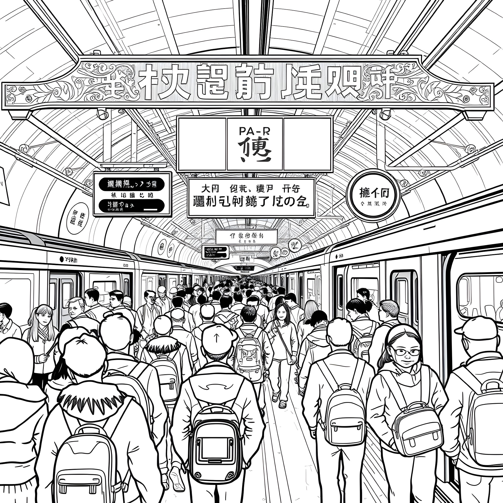 Xi'an Subway - Crowded Commute Scene Coloring Page (free black-and-white line drawing printable PDF for all, from beginners to advanced learners, including children, teens, adults, and seniors)