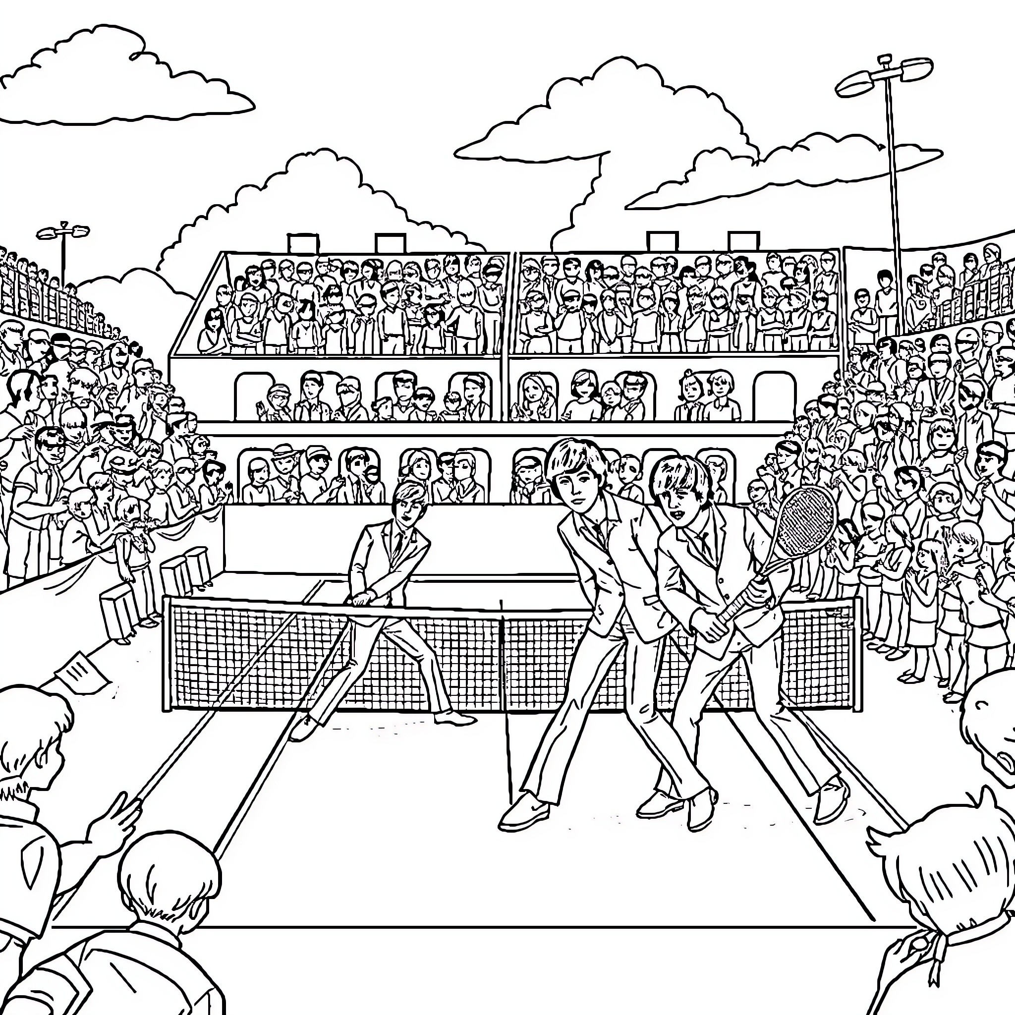 Beatles performing on stage for a large crowd Coloring Page (free black-and-white line drawing printable PDF for all, from beginners to advanced learners, including children, teens, adults, and seniors)