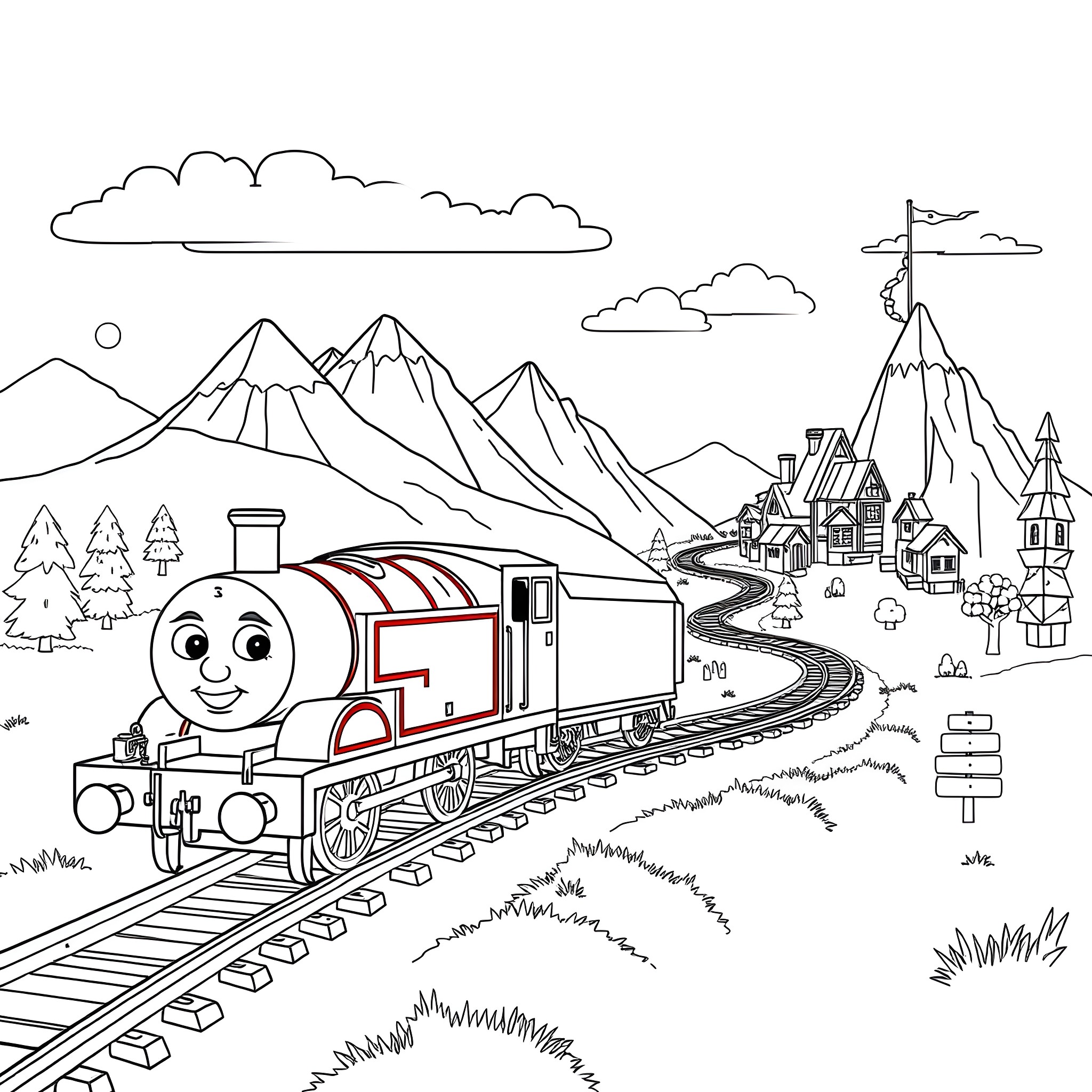 Train Chugging Through Snowy Mountain Landscape Coloring Page (free black-and-white line drawing printable PDF for all, from beginners to advanced learners, including children, teens, adults, and seniors)