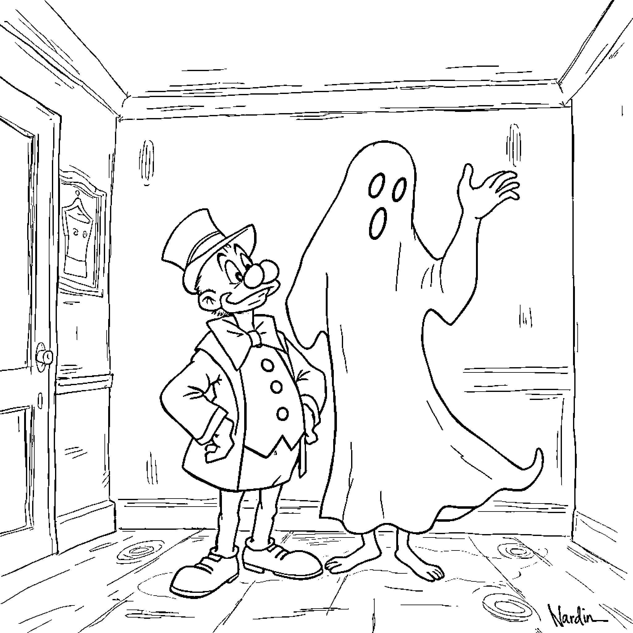 Scrooge encounters a ghostly visitor in his home Coloring Page (free black-and-white line drawing printable PDF for all, from beginners to advanced learners, including children, teens, adults, and seniors)