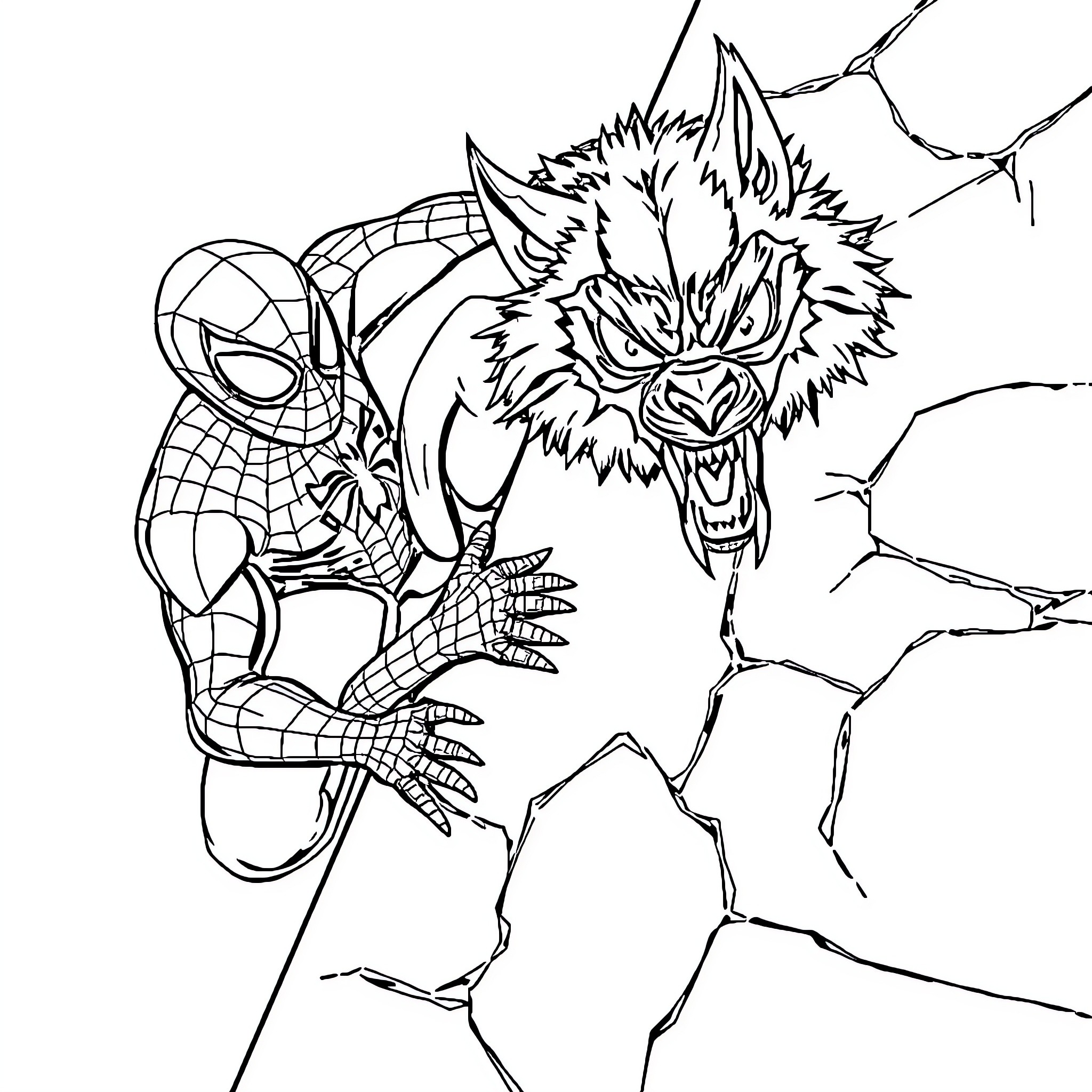Spiderman confronting a ferocious monster Coloring Page (free black-and-white line drawing printable PDF for all, from beginners to advanced learners, including children, teens, adults, and seniors)