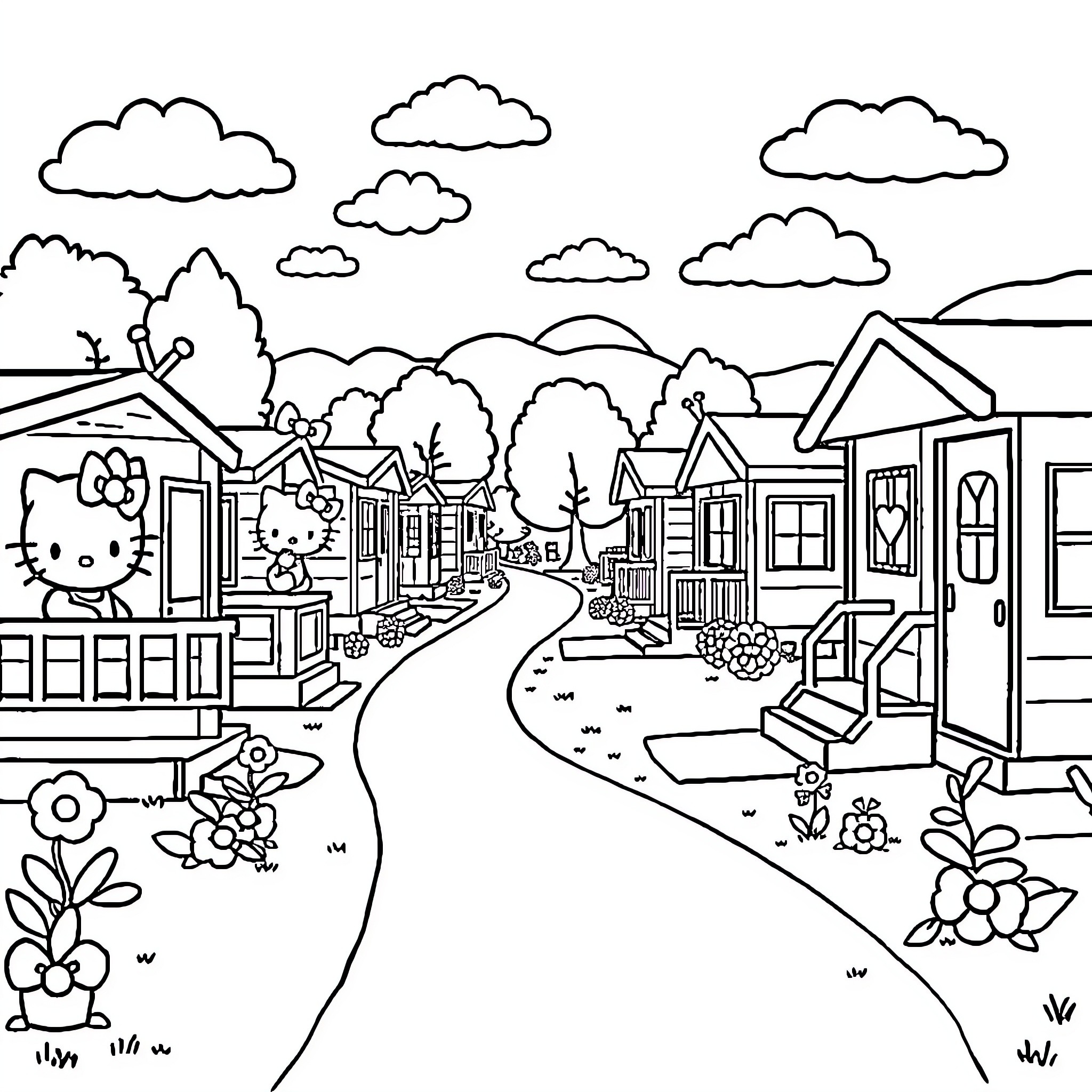 Hello Kitty explores a charming village Coloring Page (free black-and-white line drawing printable PDF for all, from beginners to advanced learners, including children, teens, adults, and seniors)